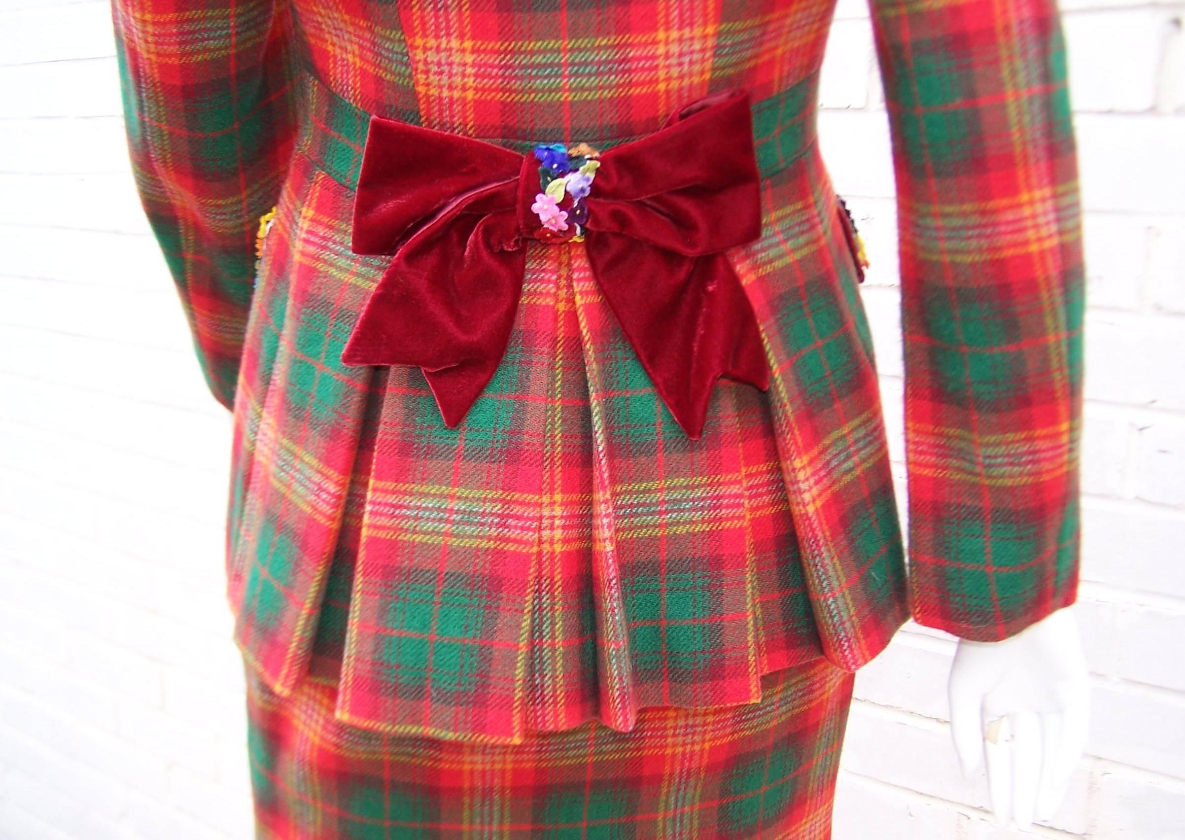 Adorable 1990's Moschino Plaid Skirt Suit With Velvet Heart Buttons 3