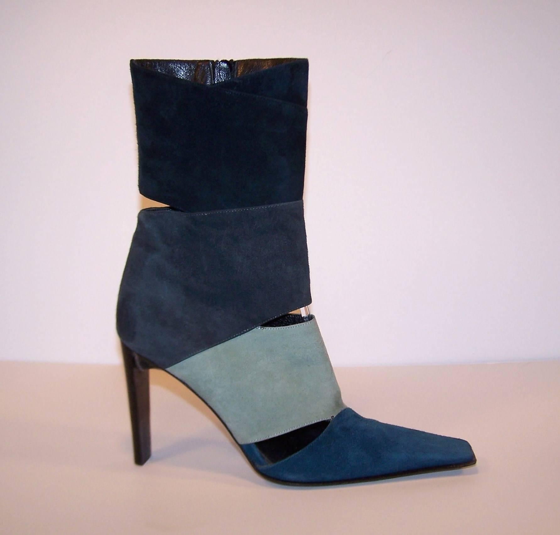 Black Goffredo Fantini Mod Italian Multi-Color Blue Suede Ankle Boots 