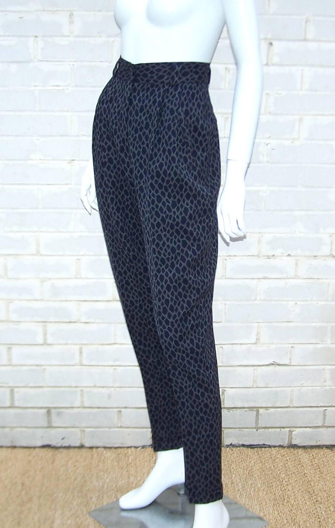 Black 1980's Mondi Animal Print Wool Pleated Pants With Cuffs
