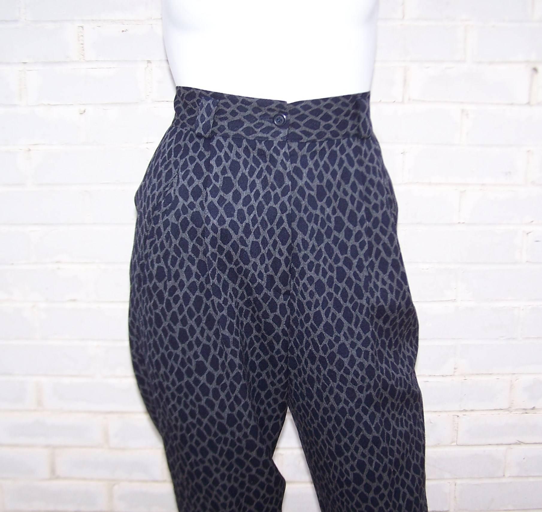 Women's 1980's Mondi Animal Print Wool Pleated Pants With Cuffs
