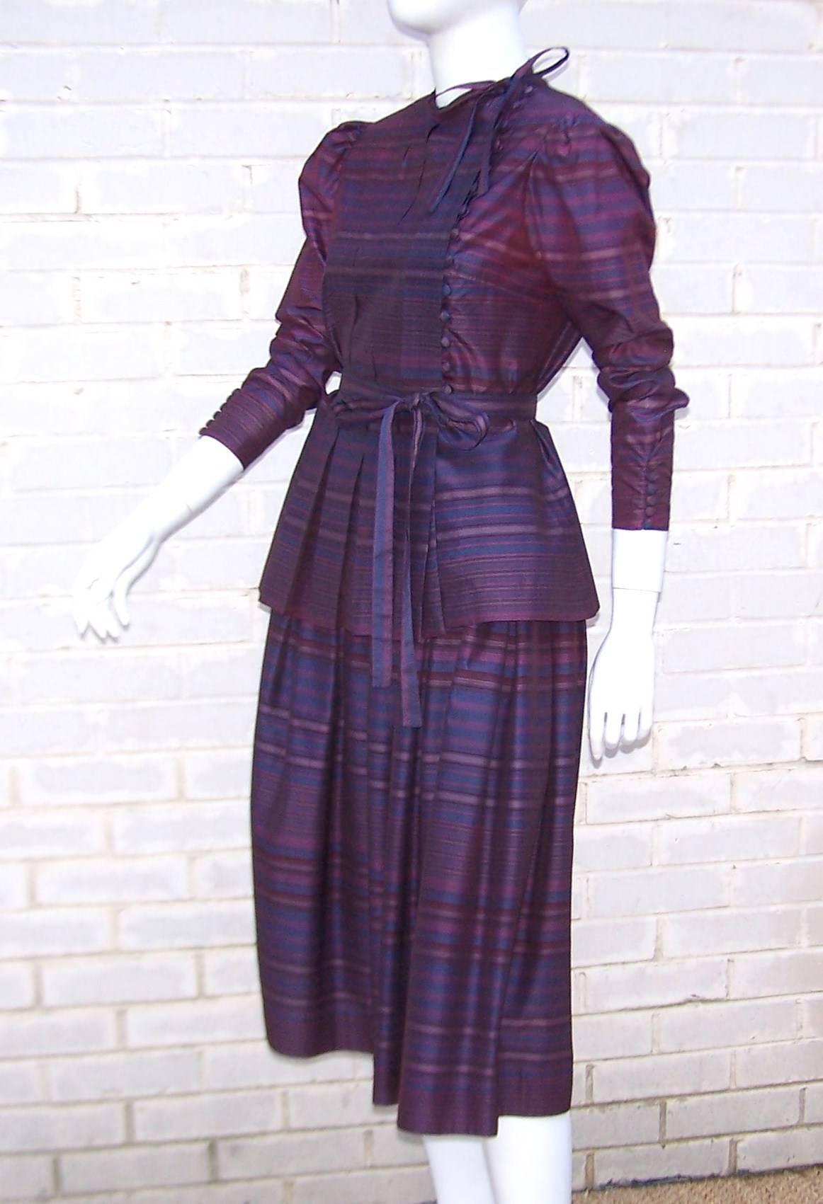 Fetching C.1980 Albert Nipon 2-Piece Victorian Style Plum Dress In Excellent Condition In Atlanta, GA