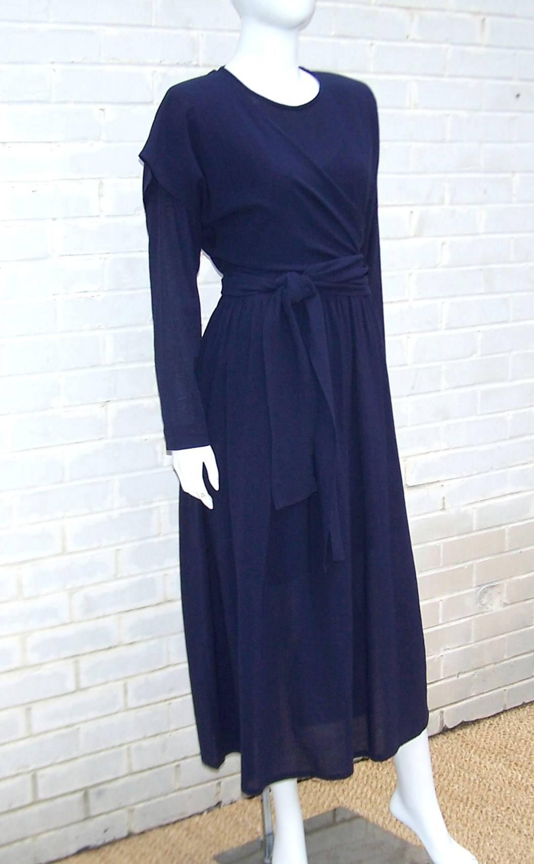 Black Austere 1980's Sonia Rykiel Navy Blue Wrap Dress