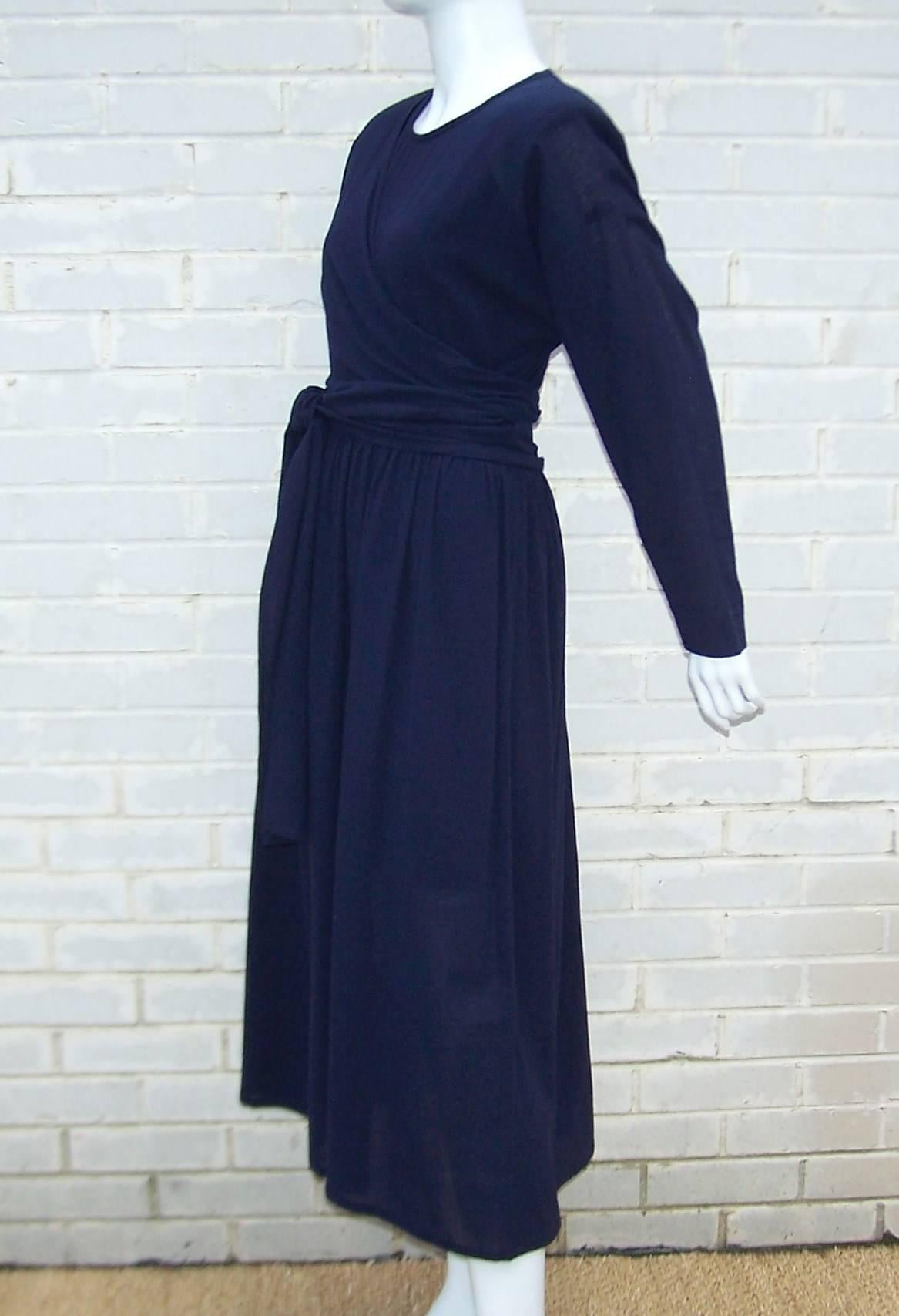 Austere 1980's Sonia Rykiel Navy Blue Wrap Dress In Excellent Condition In Atlanta, GA
