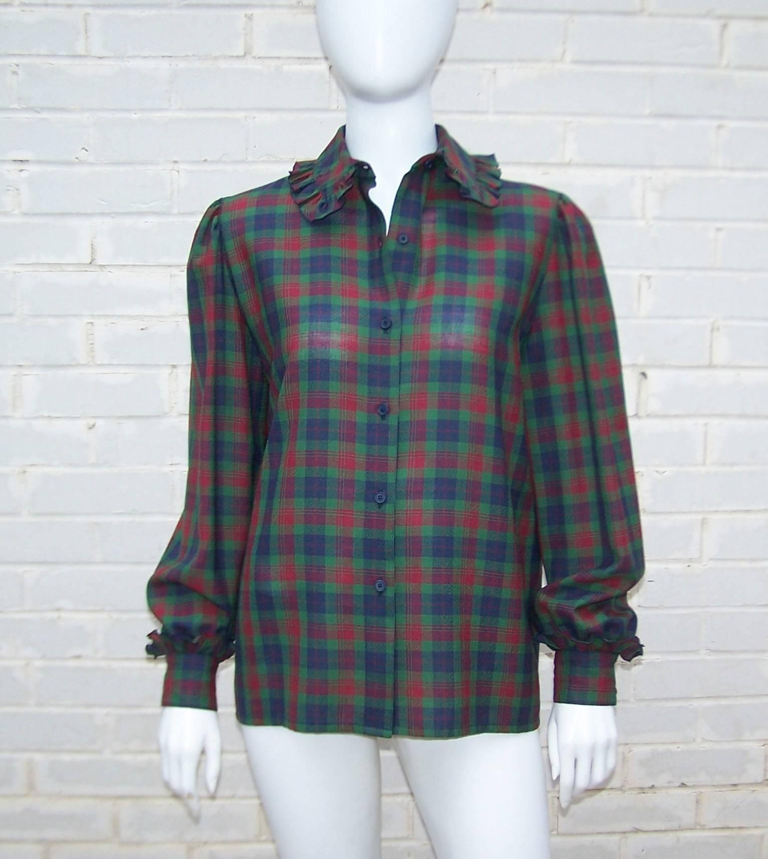 Girlish 1970's Guy Laroche Wool Plaid Top With Ruffled Collar In Excellent Condition In Atlanta, GA