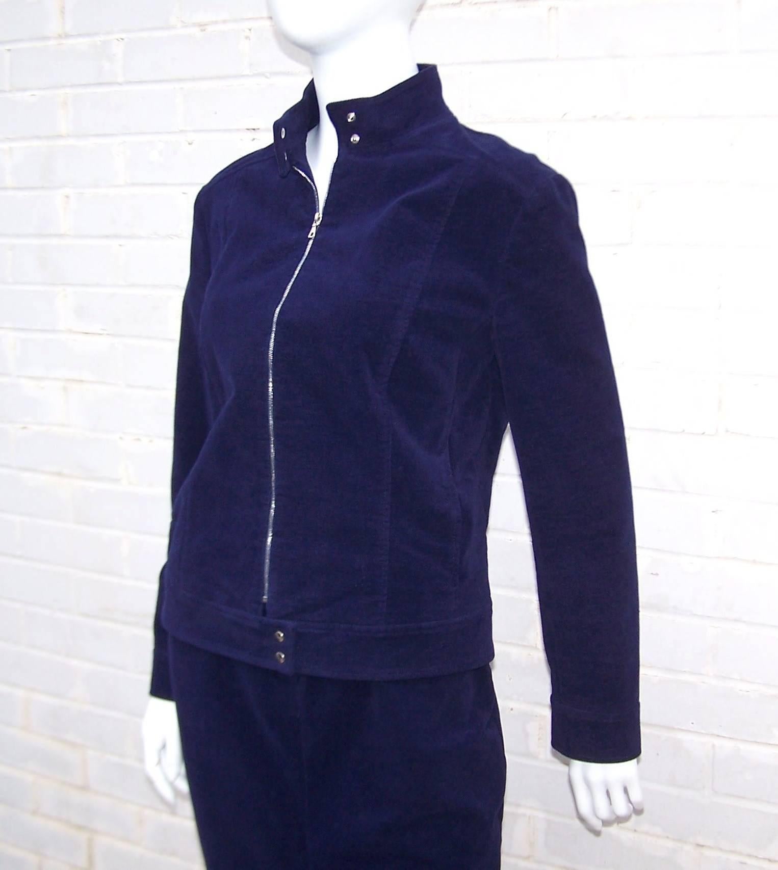 1990's Richard Tyler Blue Velvet Suit With Cafe Racer Jacket  In Excellent Condition In Atlanta, GA