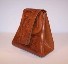 Unique 1940's Tooled Leather Saddlebag Style Handbag