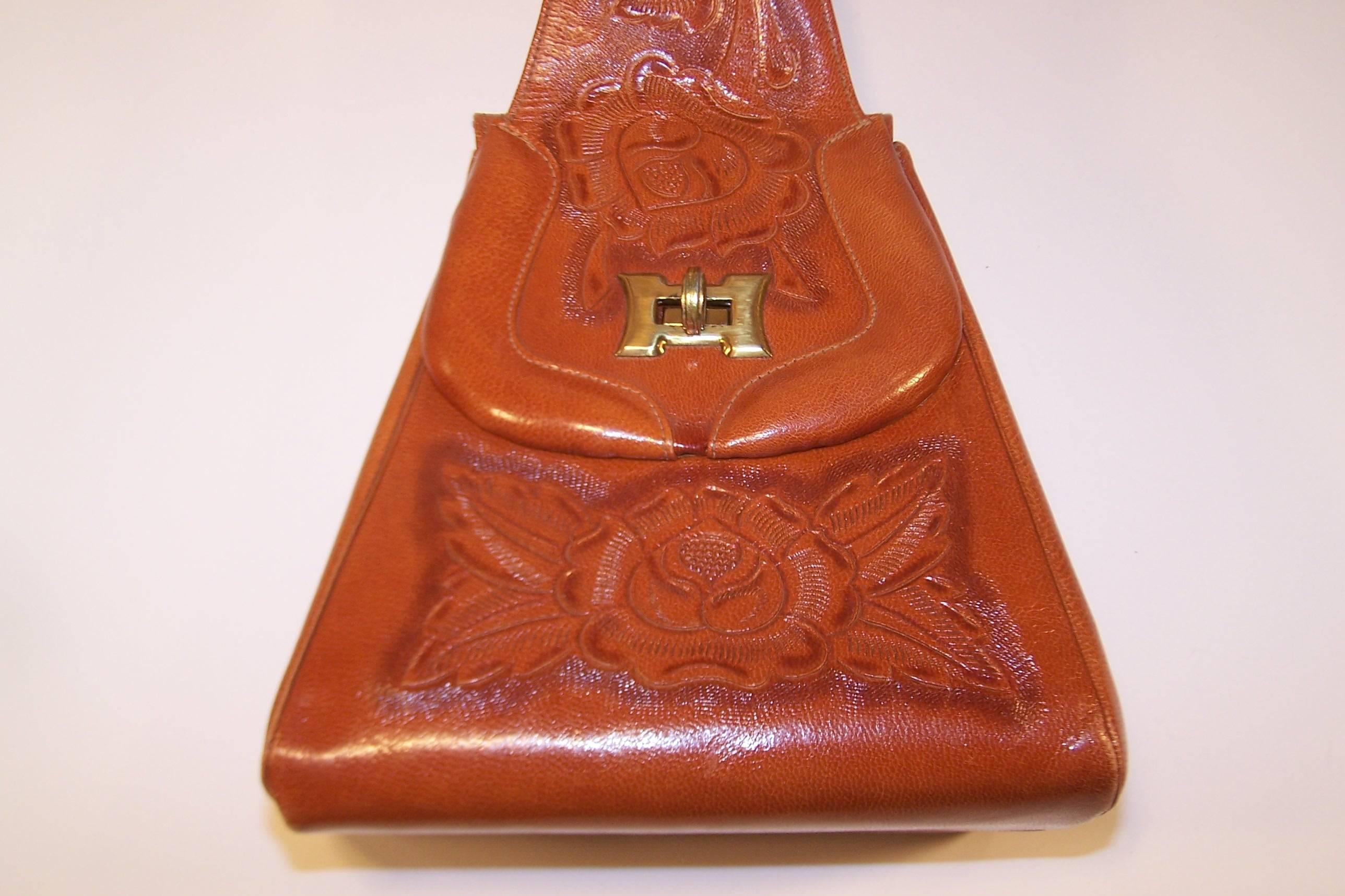 Unique 1940's Tooled Leather Saddlebag Style Handbag 1