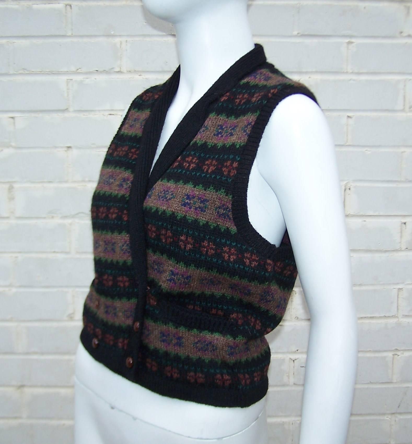 Black 1970's Ralph Lauren Fair Isle Sweater Waistcoat Vest