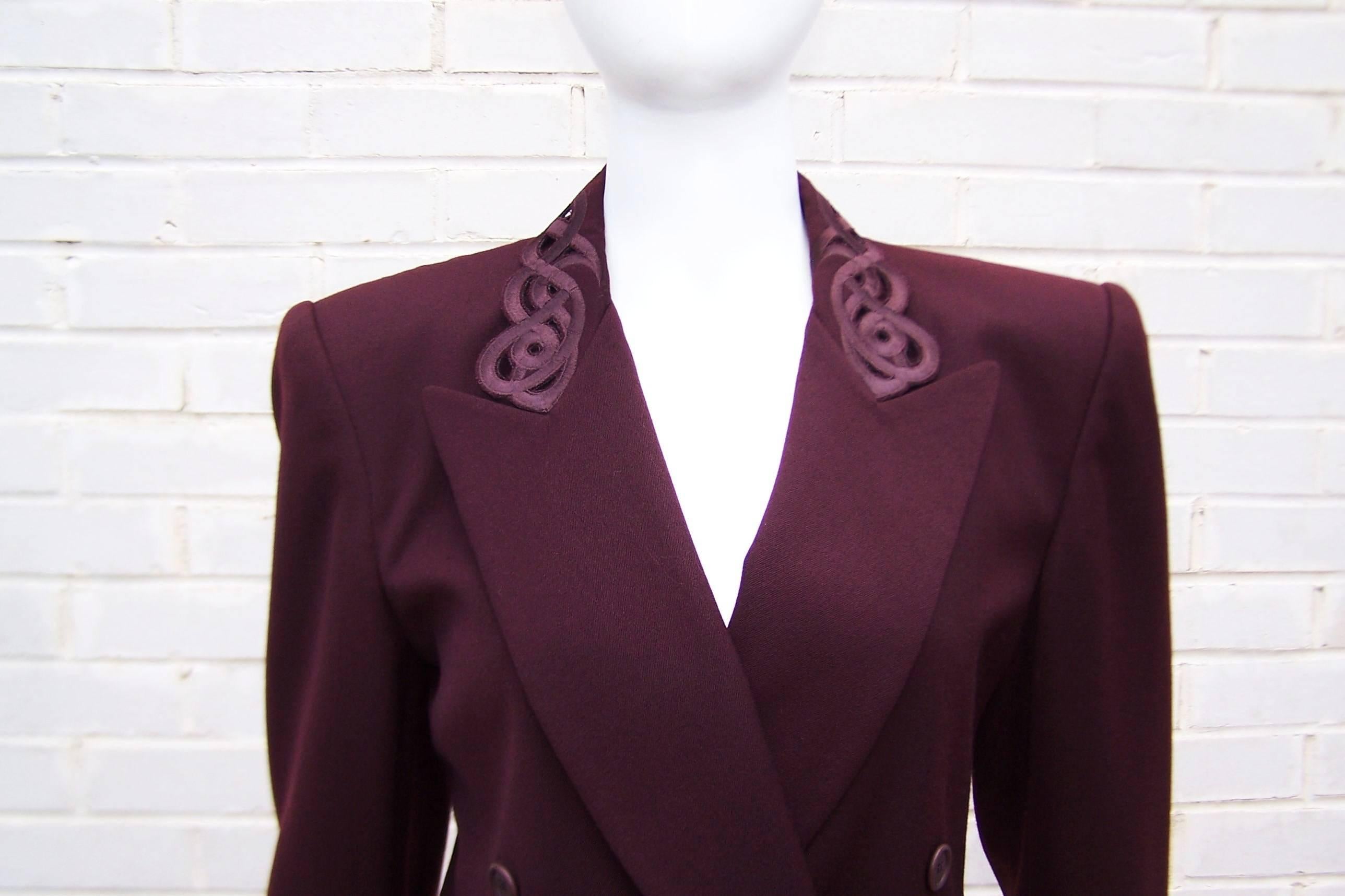 Black Embroidered 1980's Escada Aubergine Skirt Suit With Cut Out Collar