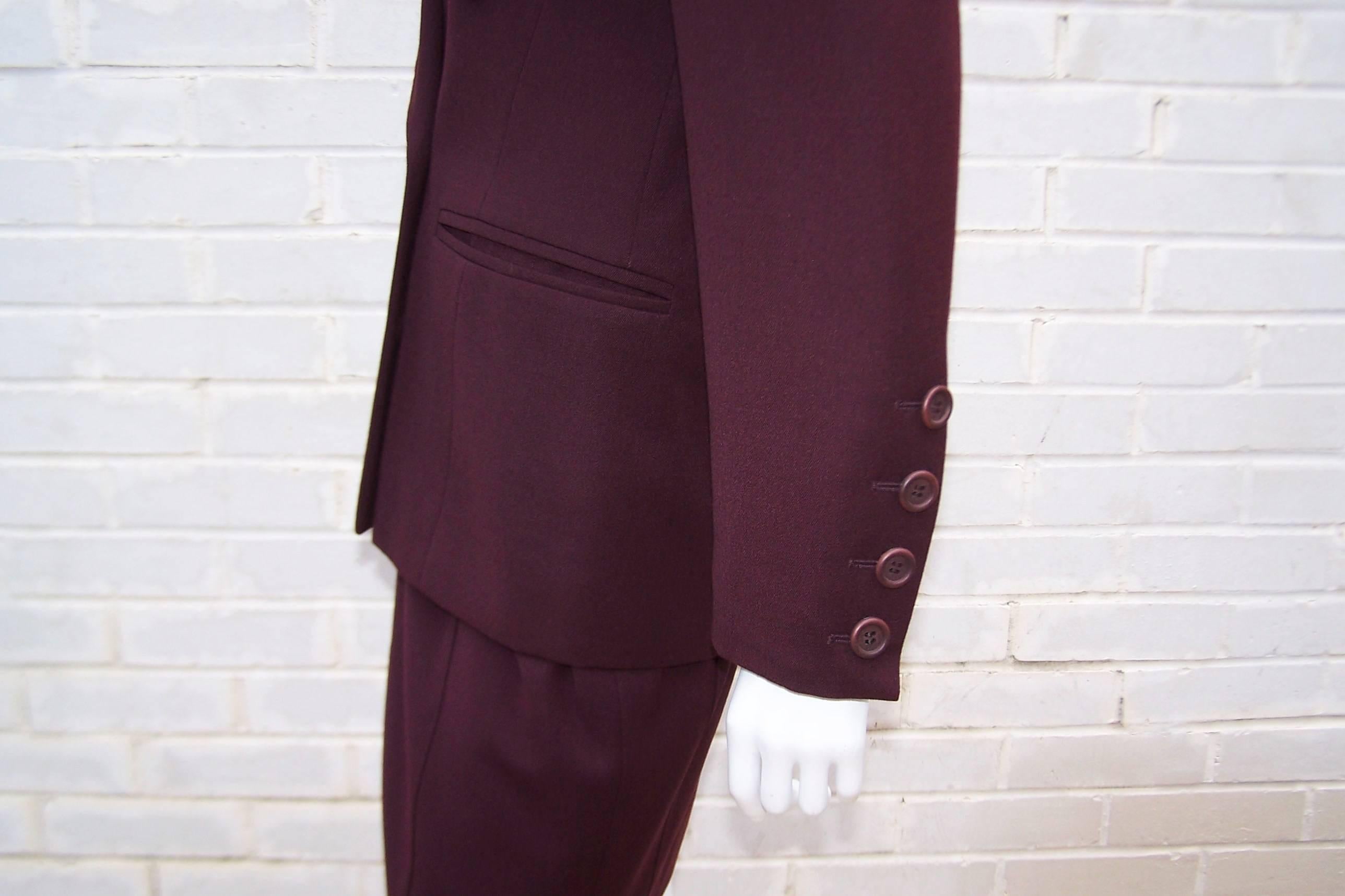 Embroidered 1980's Escada Aubergine Skirt Suit With Cut Out Collar In Excellent Condition In Atlanta, GA