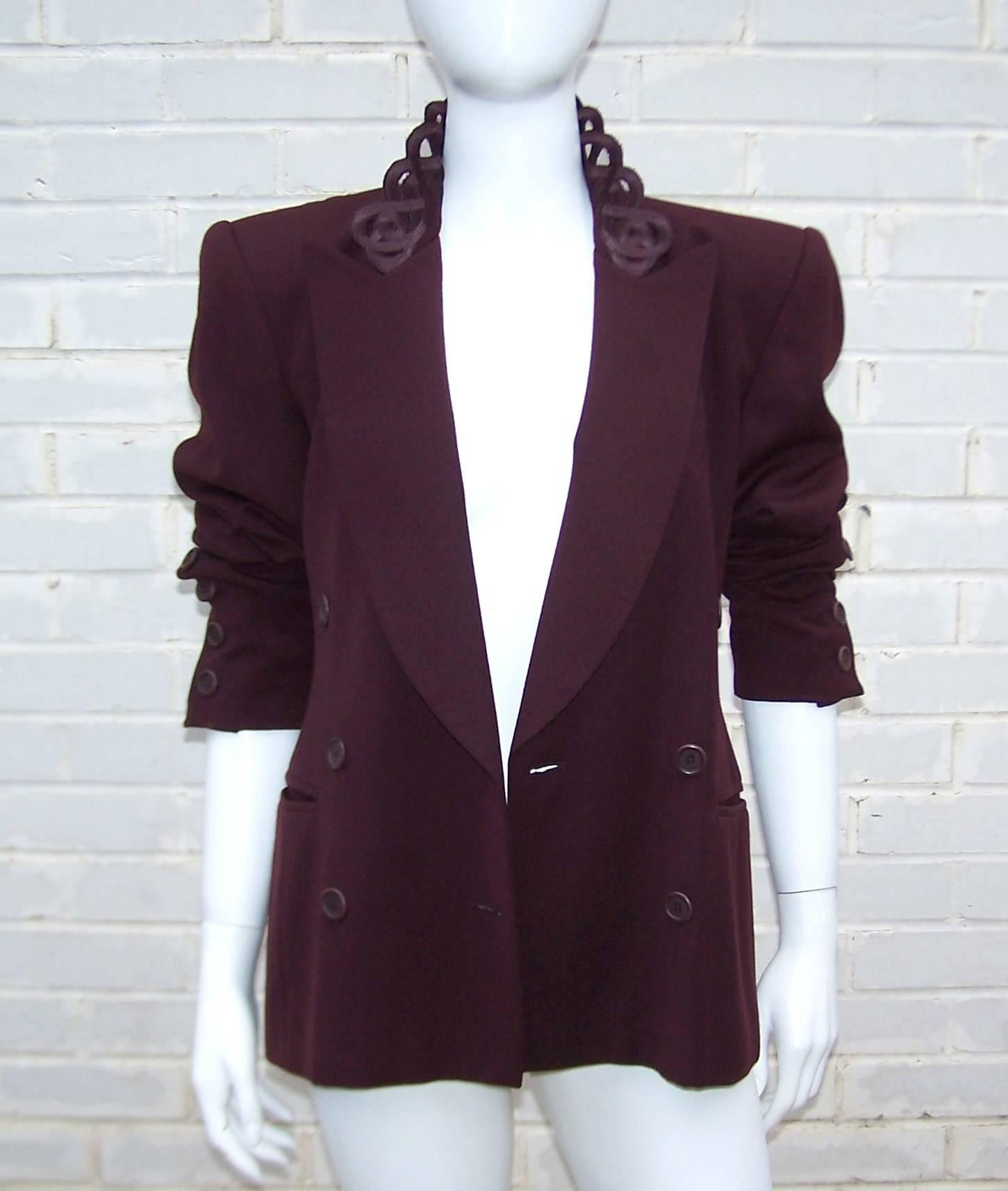 Embroidered 1980's Escada Aubergine Skirt Suit With Cut Out Collar 1