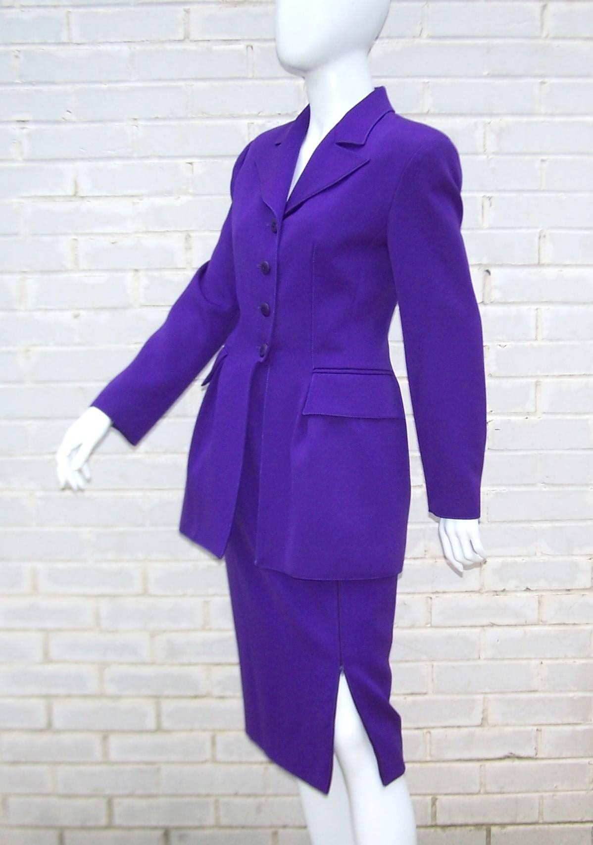 Oh the luxury of a well appointed Valentino design!  Not a detail was overlooked in the making of this beautiful suit.  There is no contents label though the purple fabric appears to be a wool blend with the slightest bit of stretch which comes in
