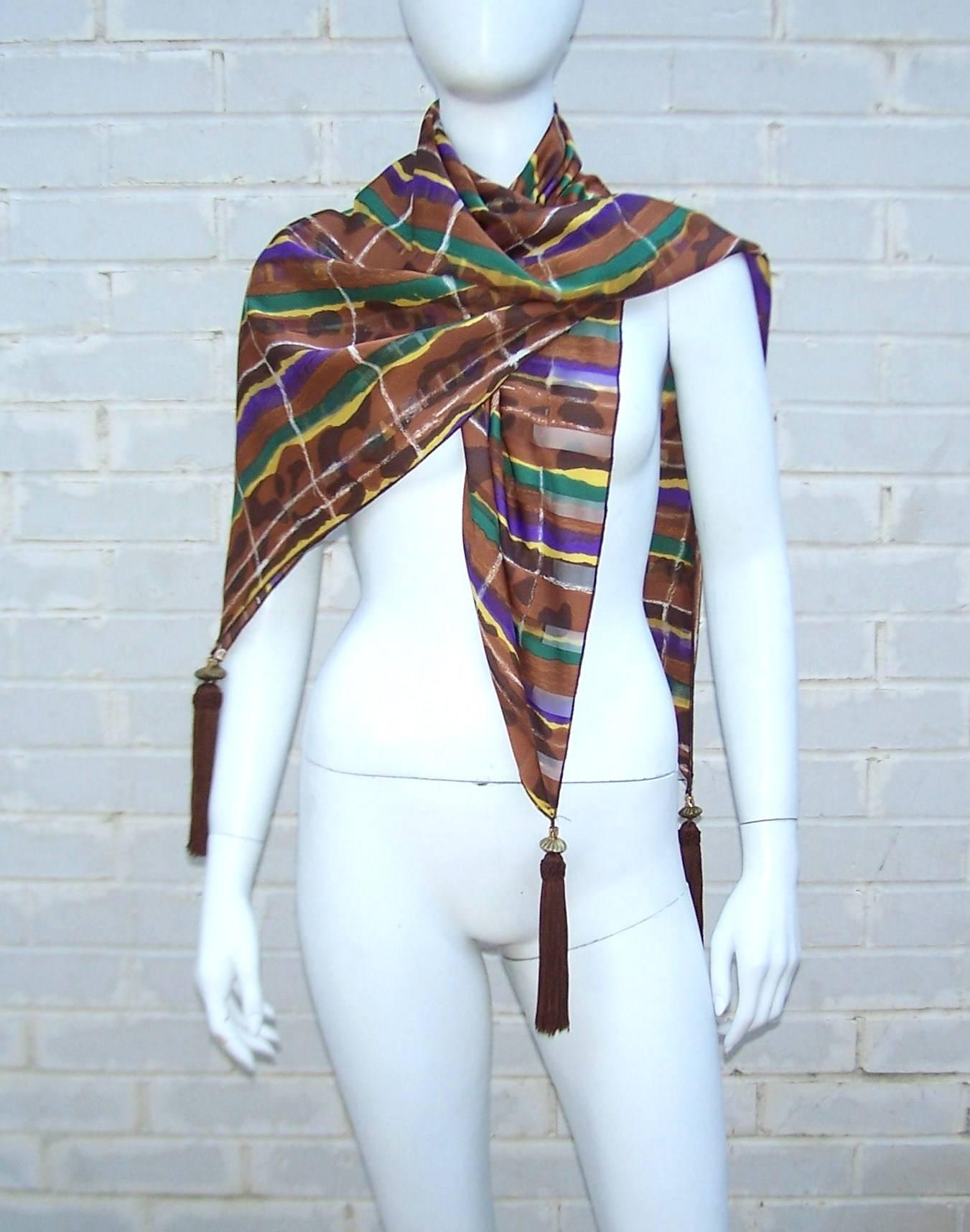 1980's Brown & Purple Silk Jacquard Shawl Style Scarf With Tassels In Good Condition In Atlanta, GA