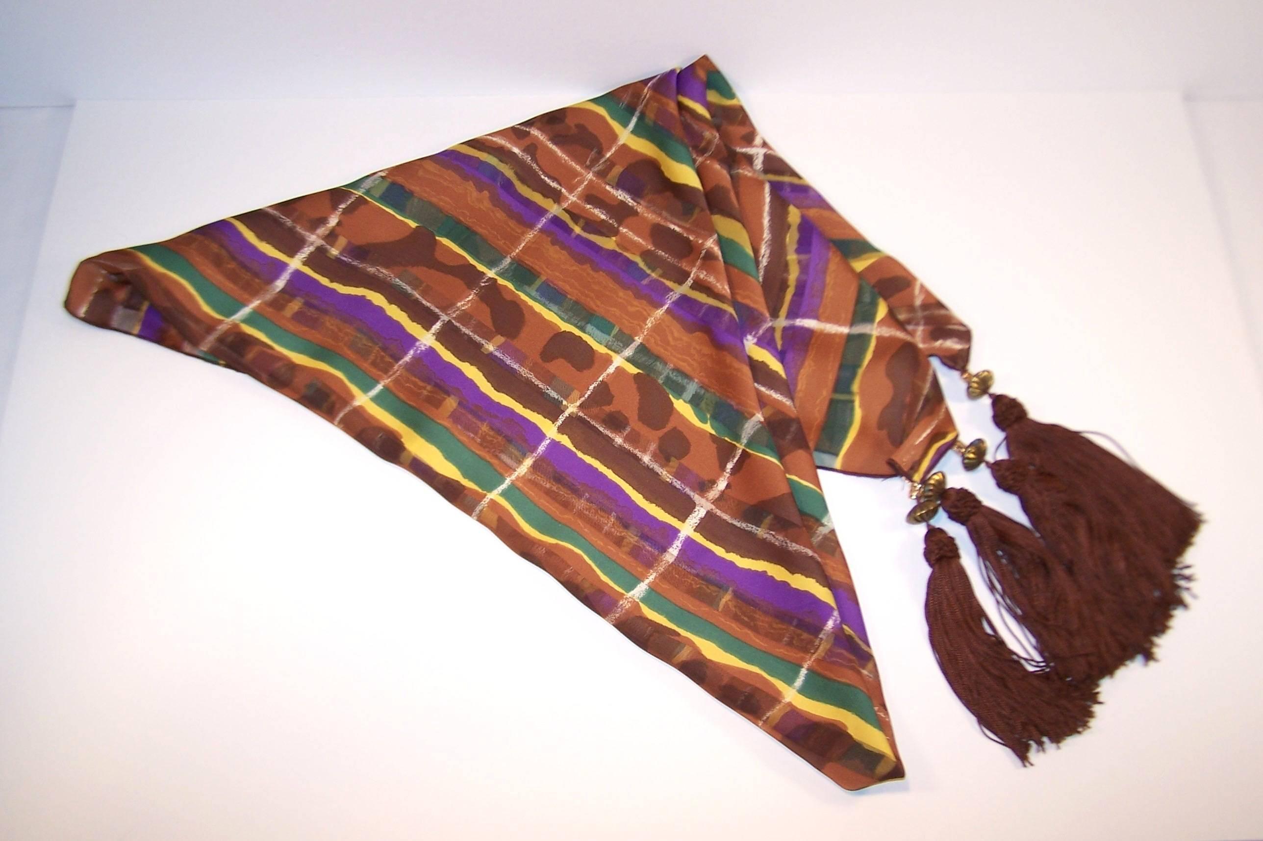 Women's 1980's Brown & Purple Silk Jacquard Shawl Style Scarf With Tassels
