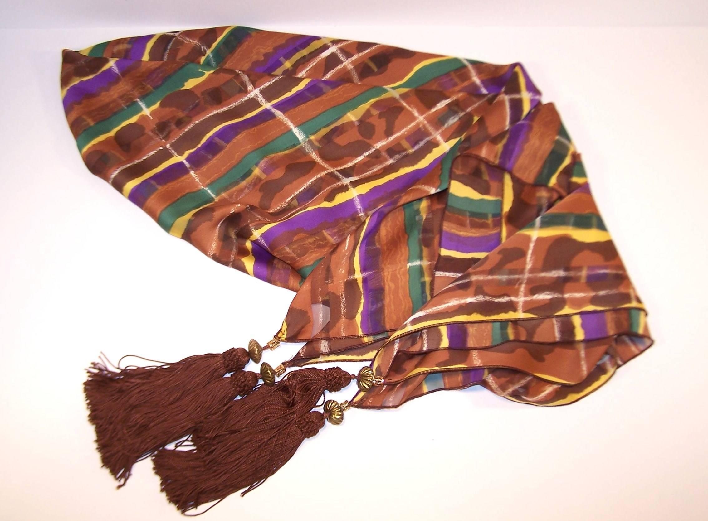 1980's Brown & Purple Silk Jacquard Shawl Style Scarf With Tassels 1