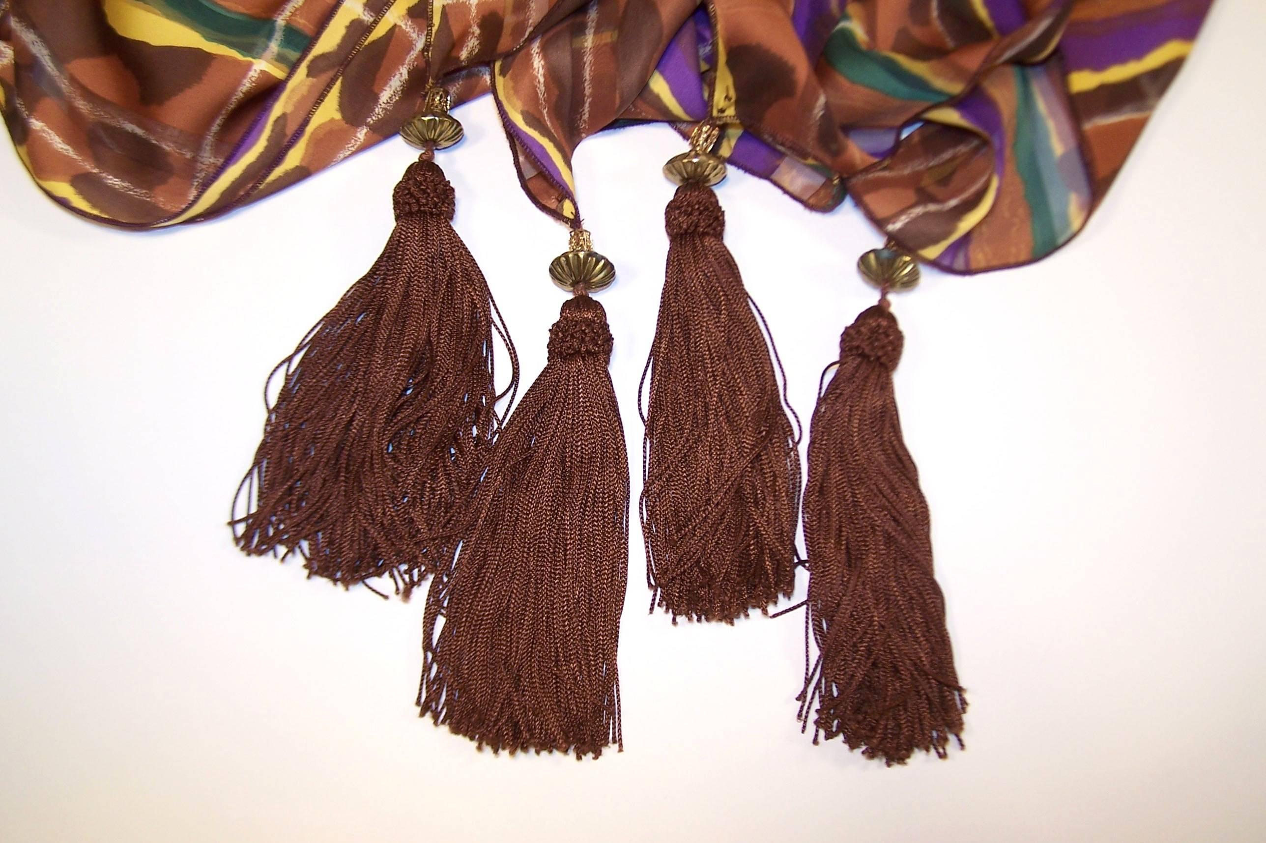 1980's Brown & Purple Silk Jacquard Shawl Style Scarf With Tassels 2