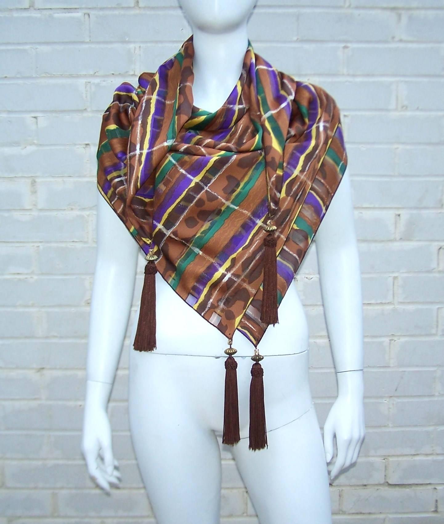 1980's Brown & Purple Silk Jacquard Shawl Style Scarf With Tassels 5