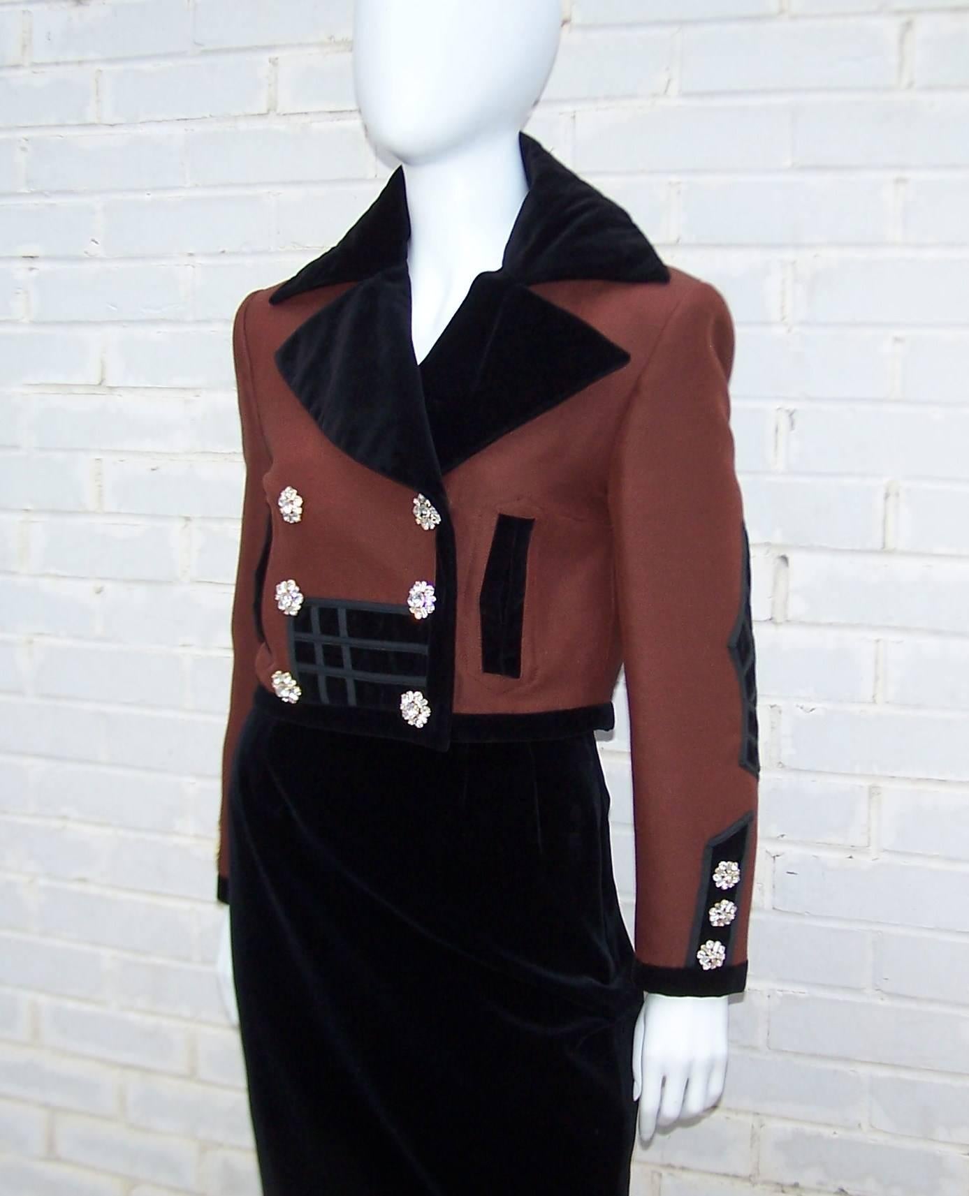 Women's Christian LaCroix Velvet & Wool Evening Suit With Rhinestone Buttons, C.1990 For Sale