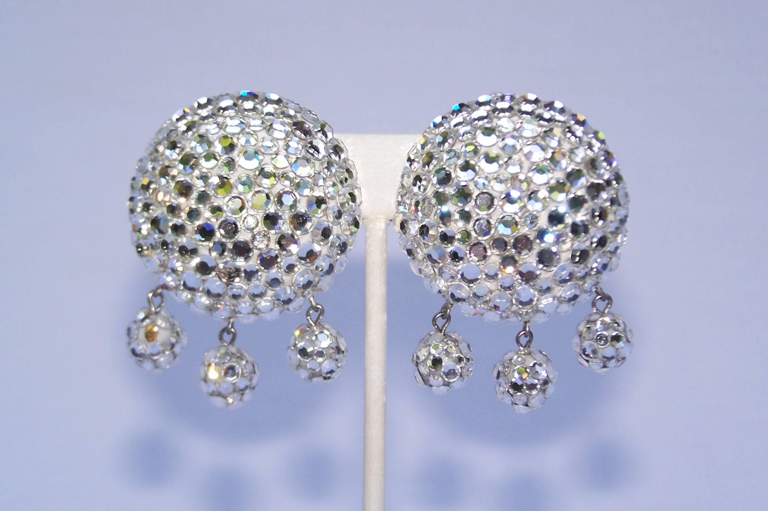 Modern Glam 1980's James Arpad Disco Ball Pave Crystal Clip On Earrings