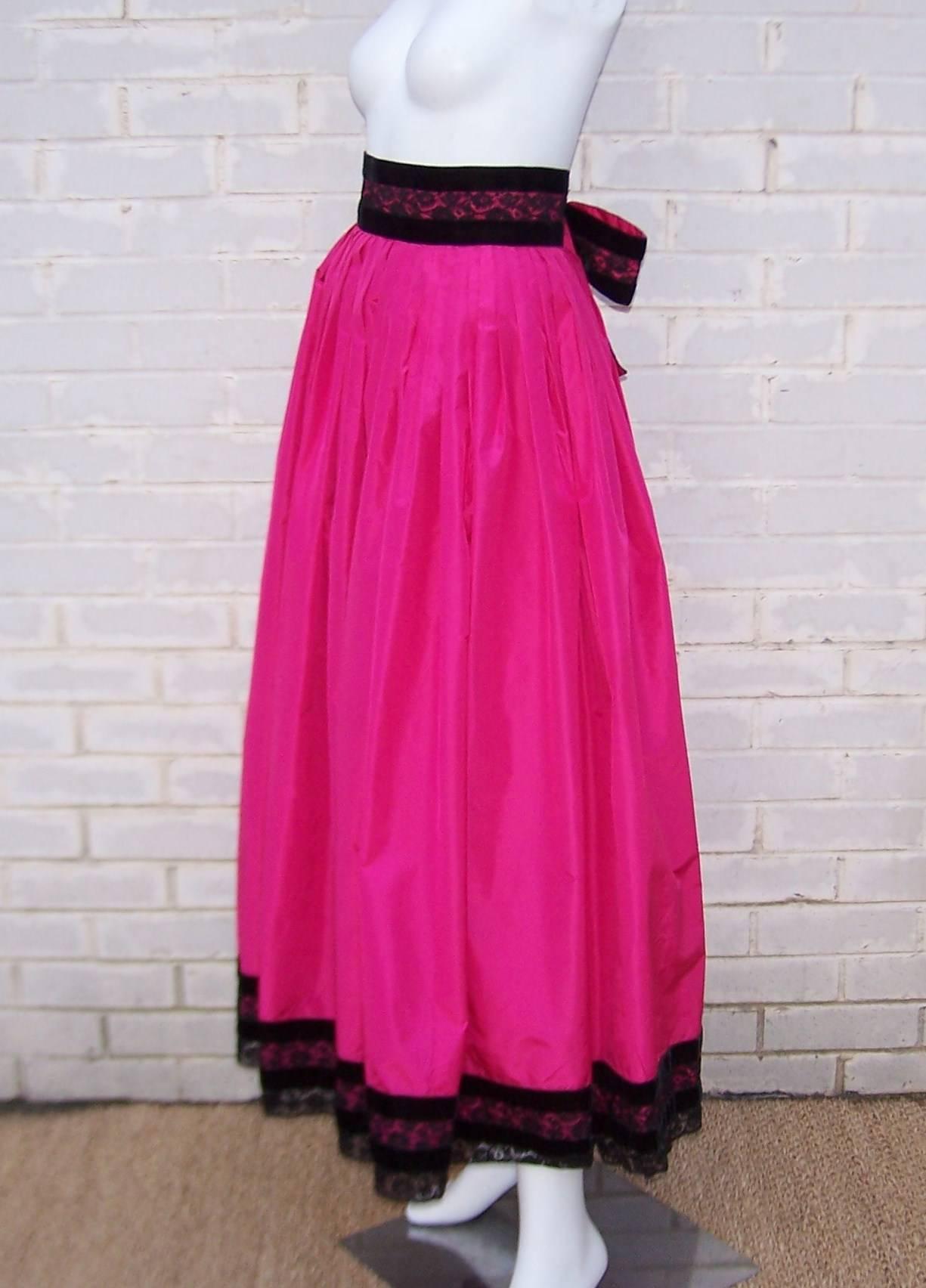 Pink Oscar de la Renta Fuchsia Silk Taffeta Skirt With Velvet Details, 1980's