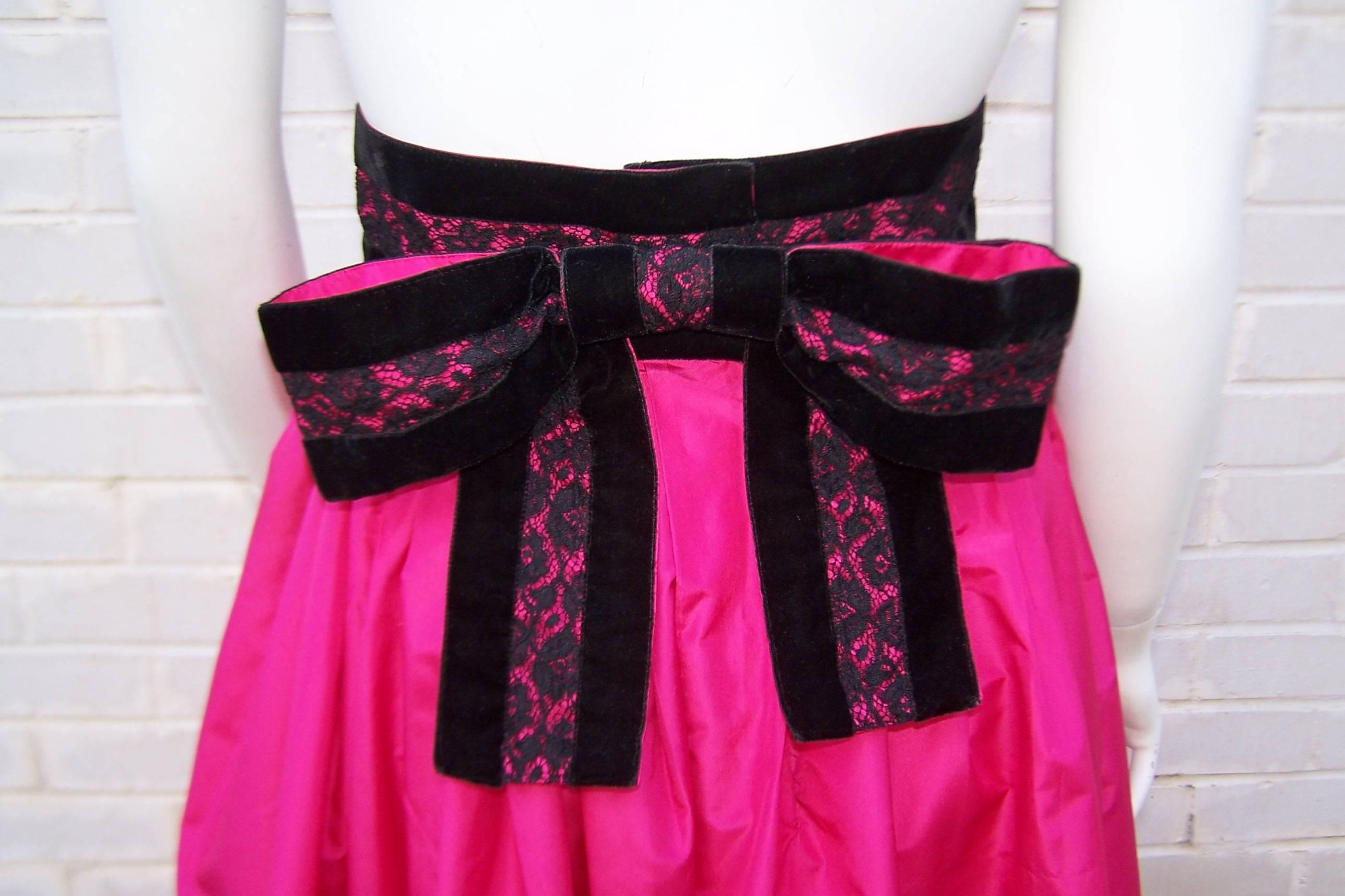 Oscar de la Renta Fuchsia Silk Taffeta Skirt With Velvet Details, 1980's 3