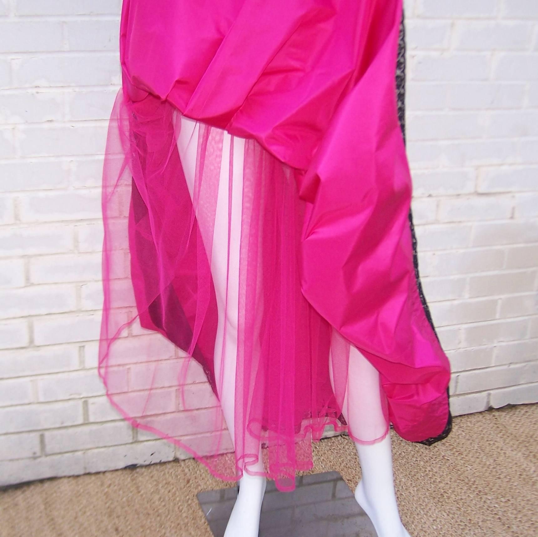 Oscar de la Renta Fuchsia Silk Taffeta Skirt With Velvet Details, 1980's 4