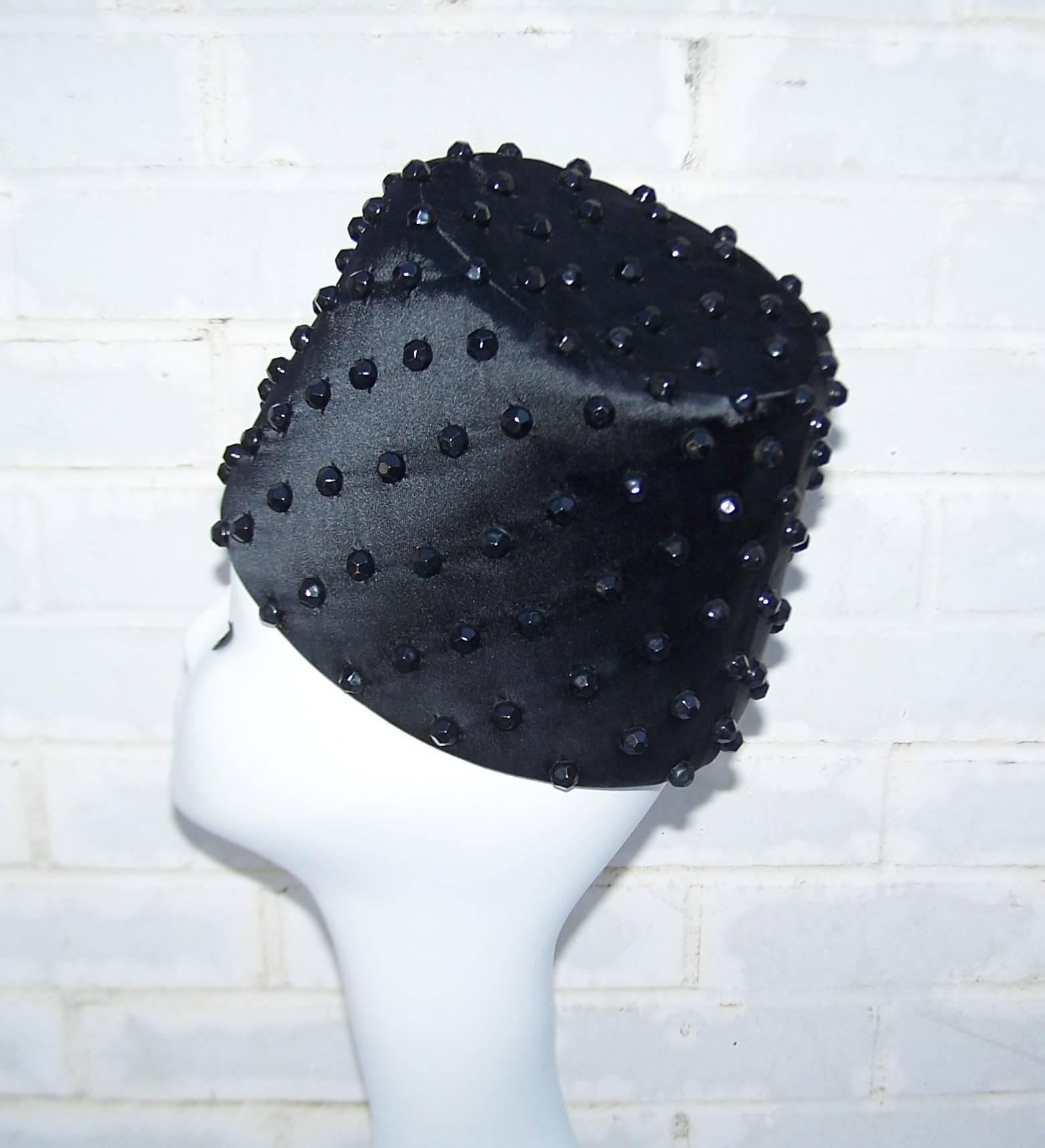 Exotic C.1960 Sally Victor Beaded Black Satin Fez Style Hat In Excellent Condition In Atlanta, GA
