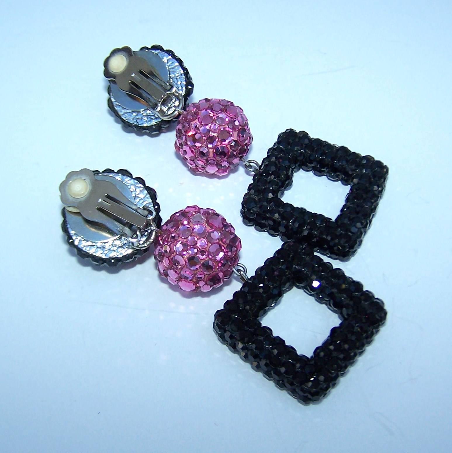 Modern Mod 1980's Go Go Girl Style Pave Crystal Dangle Earrings