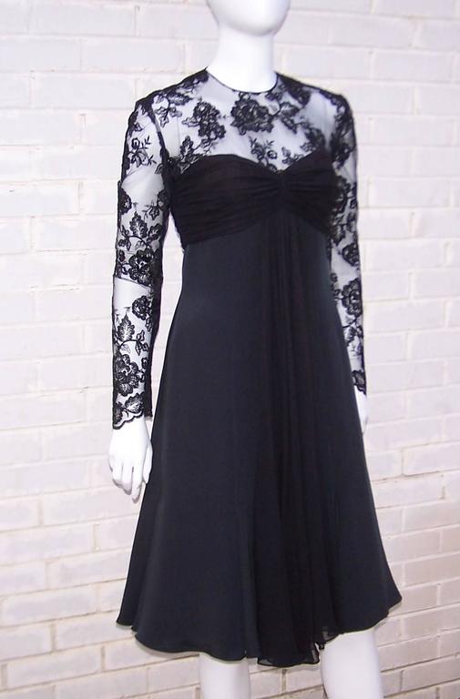 Ladylike C.1980 Adele Simpson Black Silk Cocktail Dress With Lace