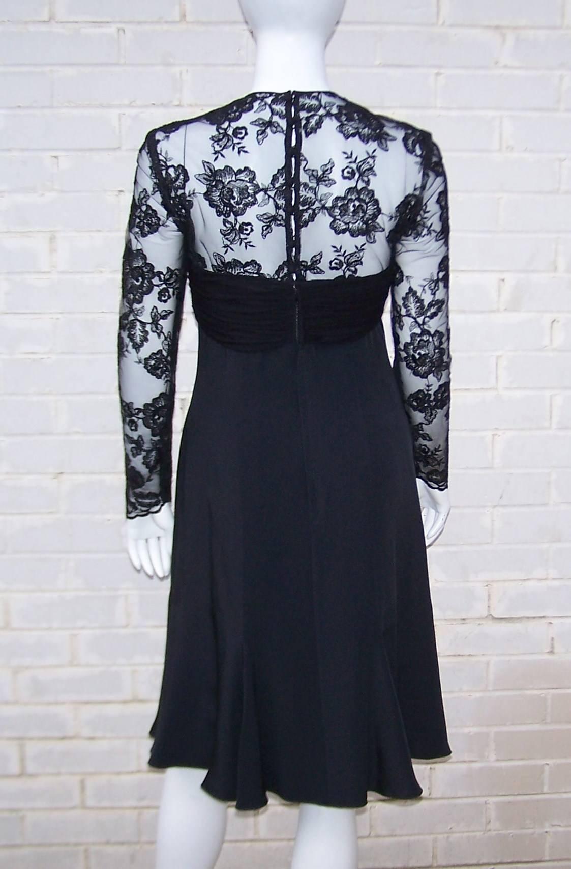 Adele Simpson Black Silk Cocktail Dress With Lace Bodice, C.1980 In Good Condition For Sale In Atlanta, GA