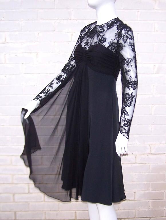 Adele Simpson Black Silk Cocktail Dress With Lace Bodice, C.1980 For