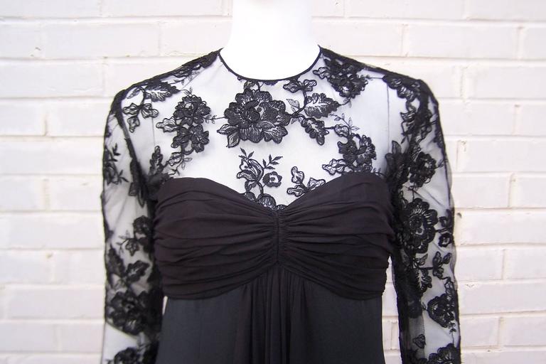 Adele Simpson Black Silk Cocktail Dress With Lace Bodice, C.1980 For