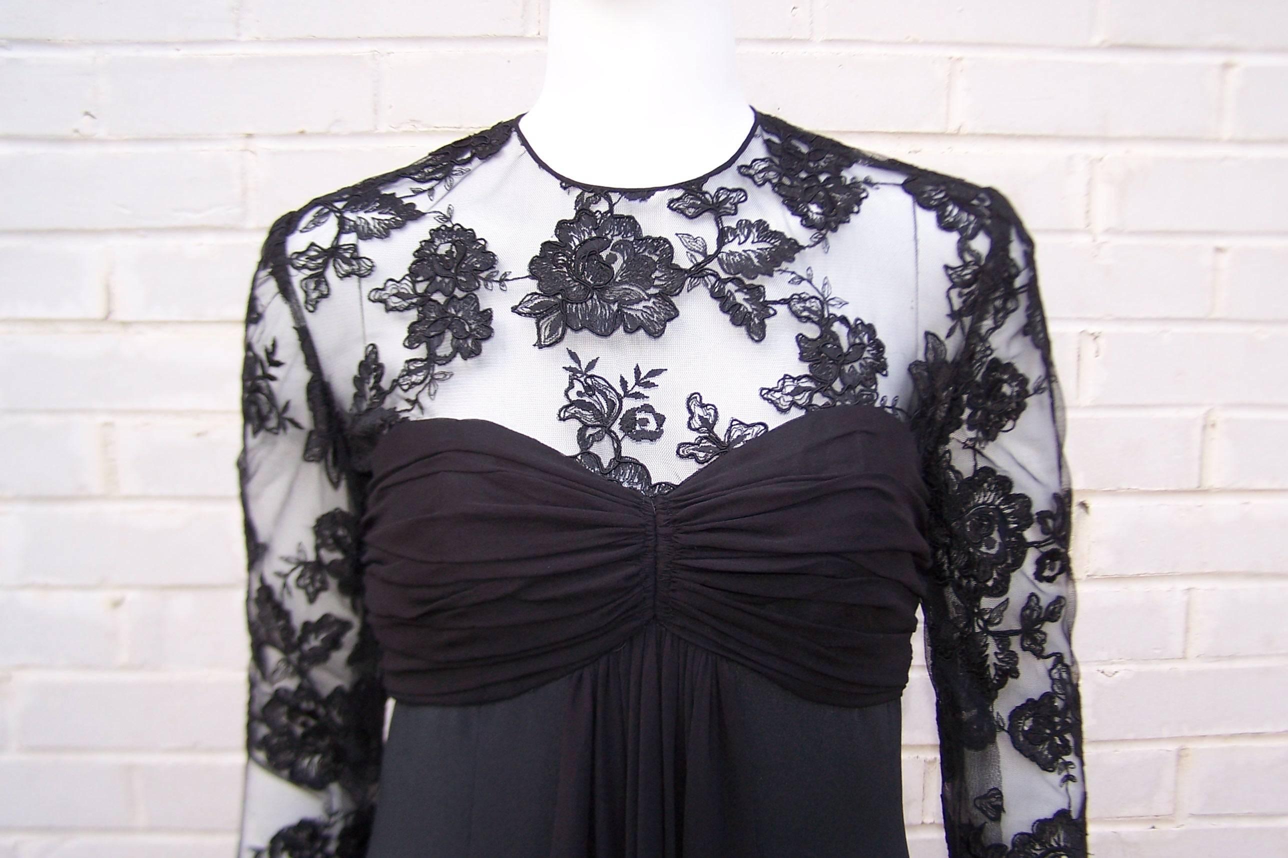 Women's Adele Simpson Black Silk Cocktail Dress With Lace Bodice, C.1980 For Sale