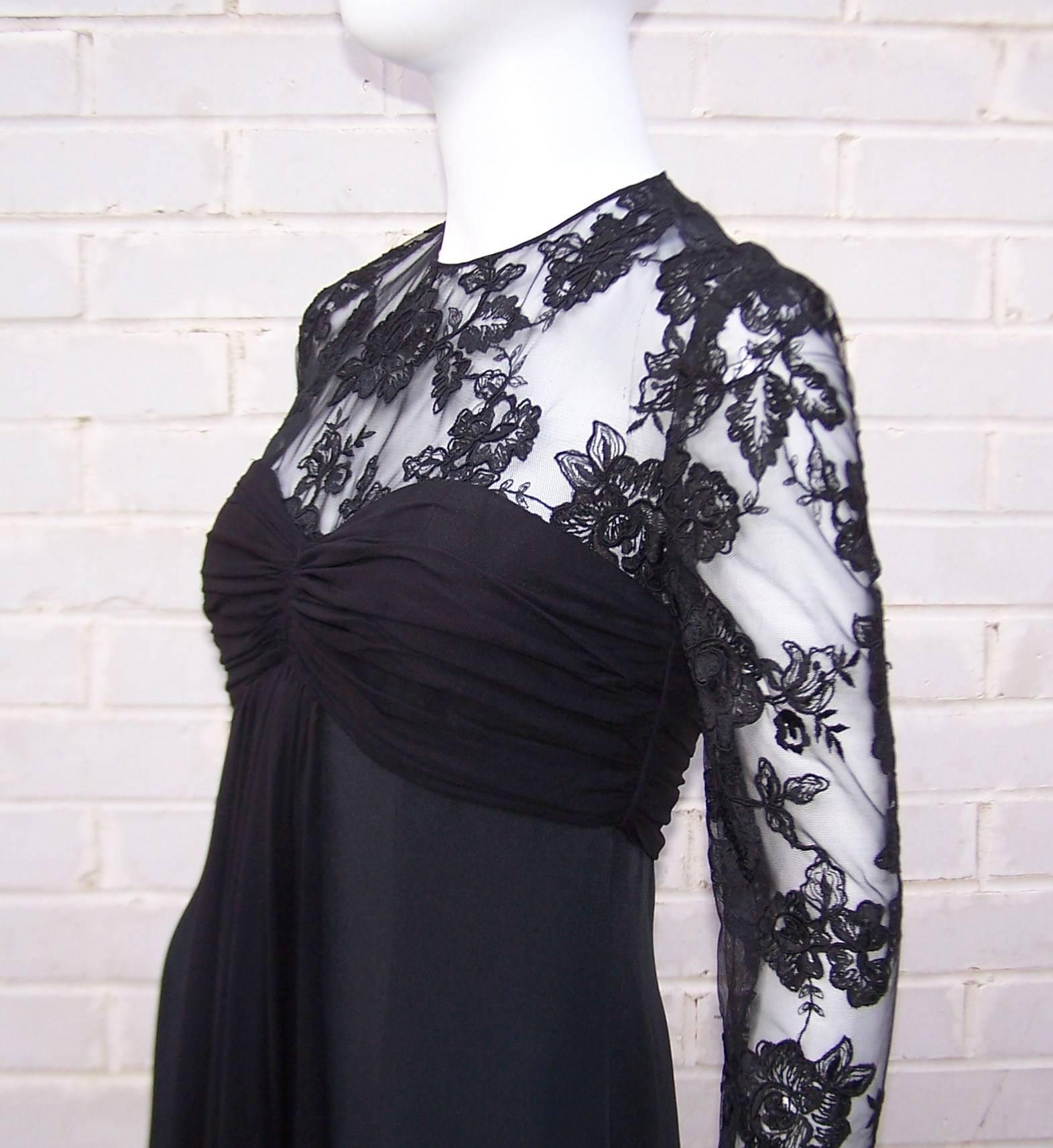 Adele Simpson Black Silk Cocktail Dress With Lace Bodice, C.1980 For Sale 1