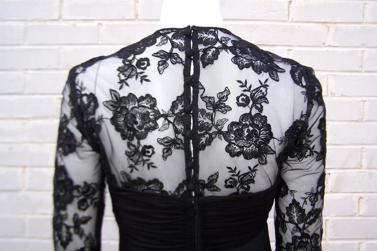 Adele Simpson Black Silk Cocktail Dress With Lace Bodice, C.1980 For