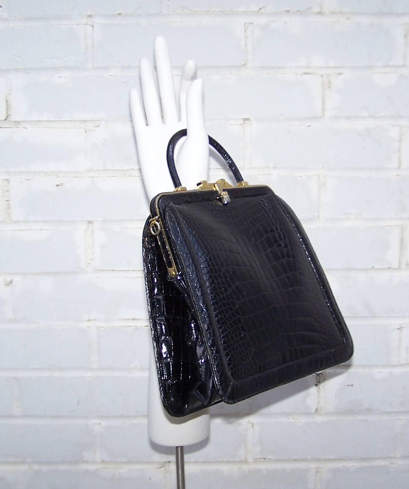 1990's Judith Leiber Black Alligator Handbag With Optional Shoulder Strap 6