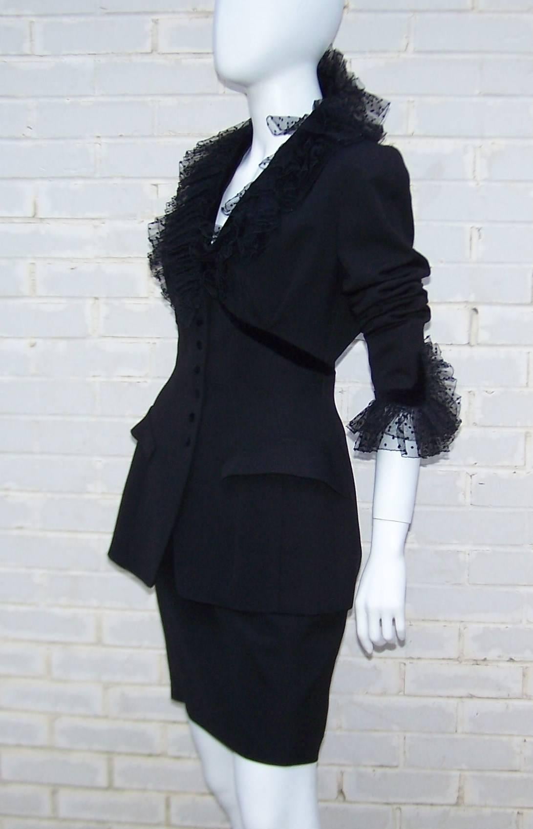 1980's Thierry Mugler Black Evening Suit With Velvet & Netting Details In Excellent Condition In Atlanta, GA