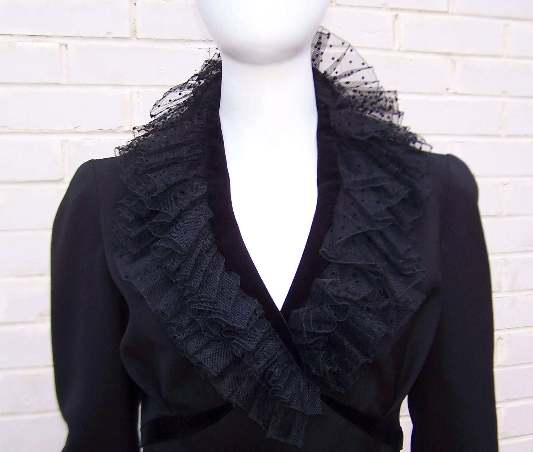1980's Thierry Mugler Black Evening Suit With Velvet & Netting Details 1