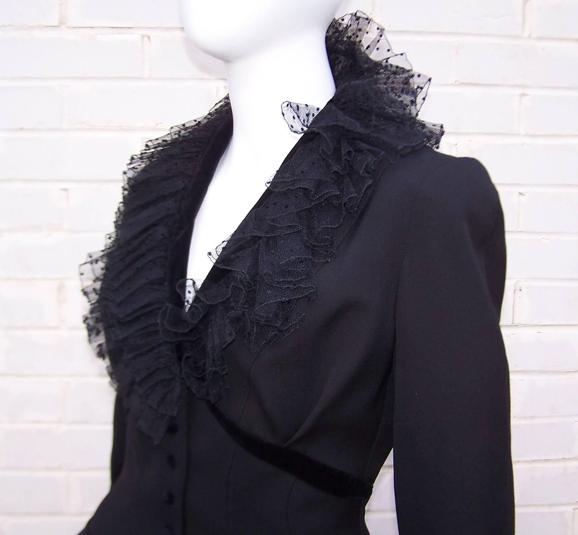 1980's Thierry Mugler Black Evening Suit With Velvet & Netting Details 2