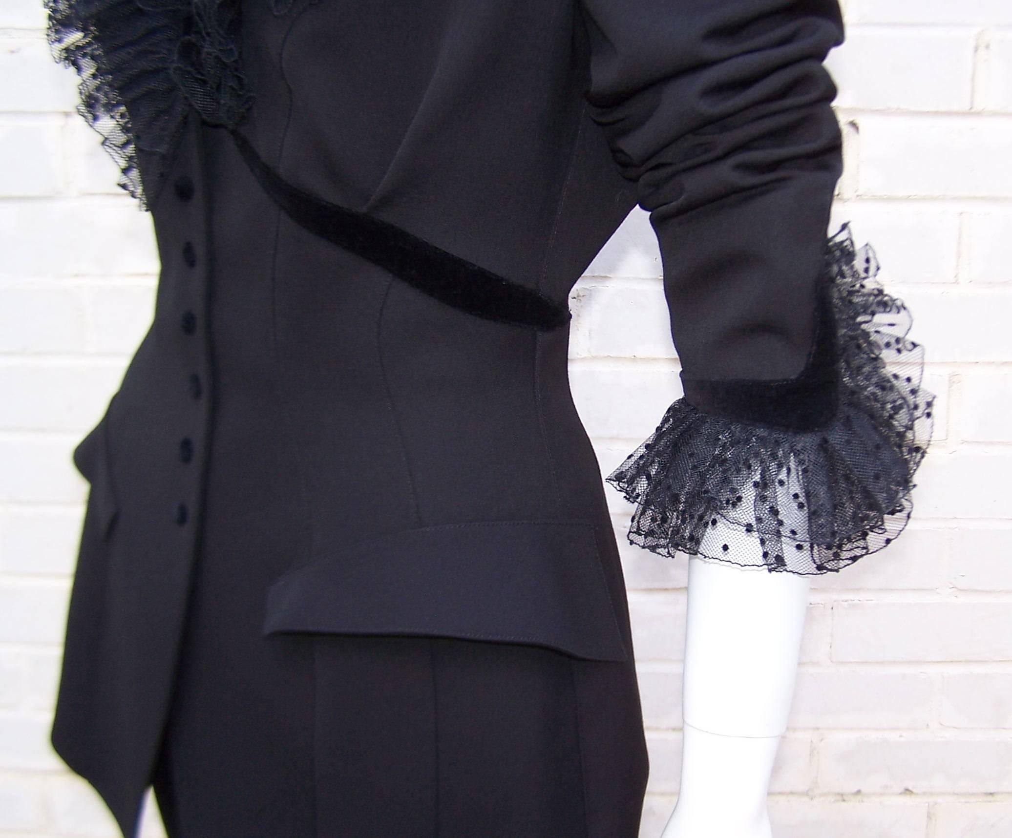 1980's Thierry Mugler Black Evening Suit With Velvet & Netting Details 4