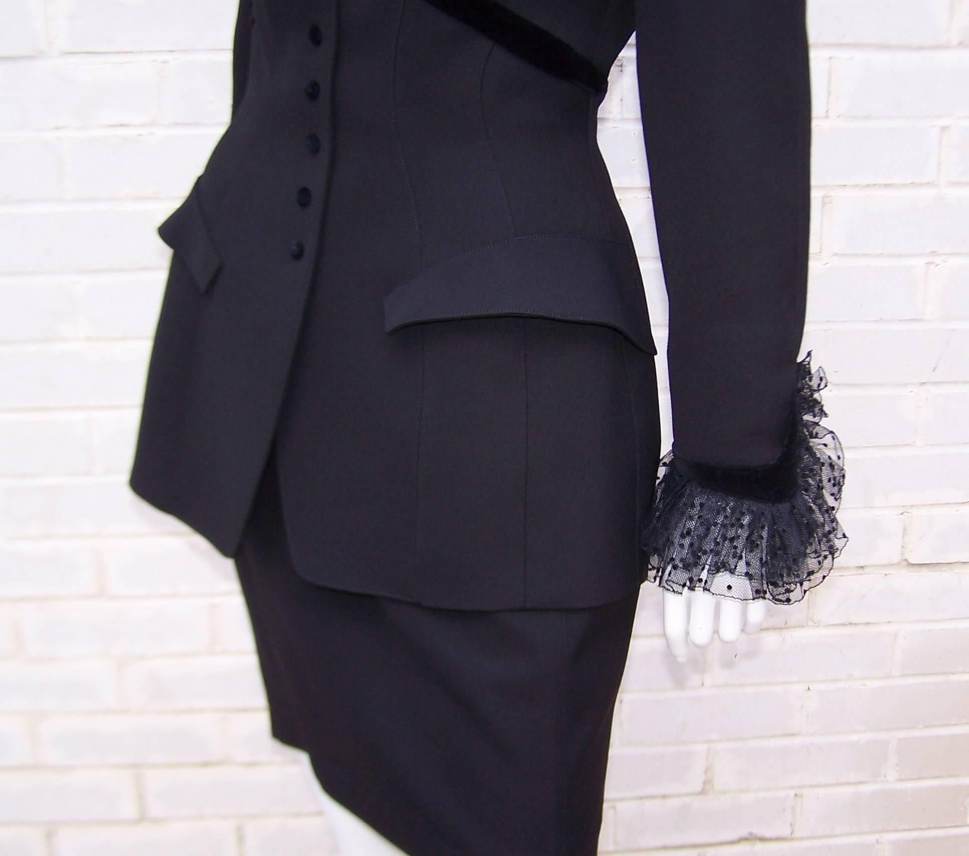 1980's Thierry Mugler Black Evening Suit With Velvet & Netting Details 5