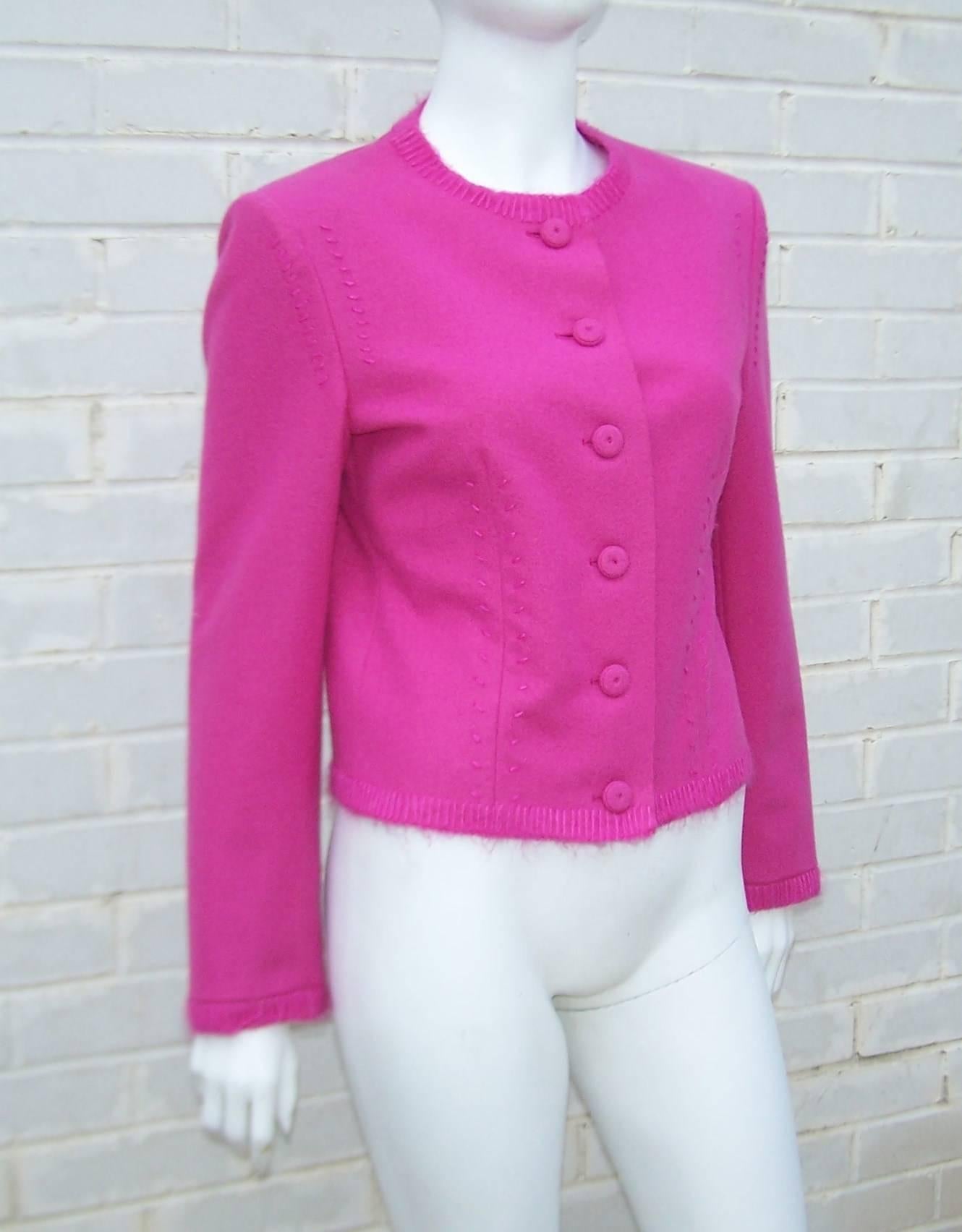 Hot Pink Moschino Wool Felt Jacket With Deconstructed Details In Good Condition In Atlanta, GA