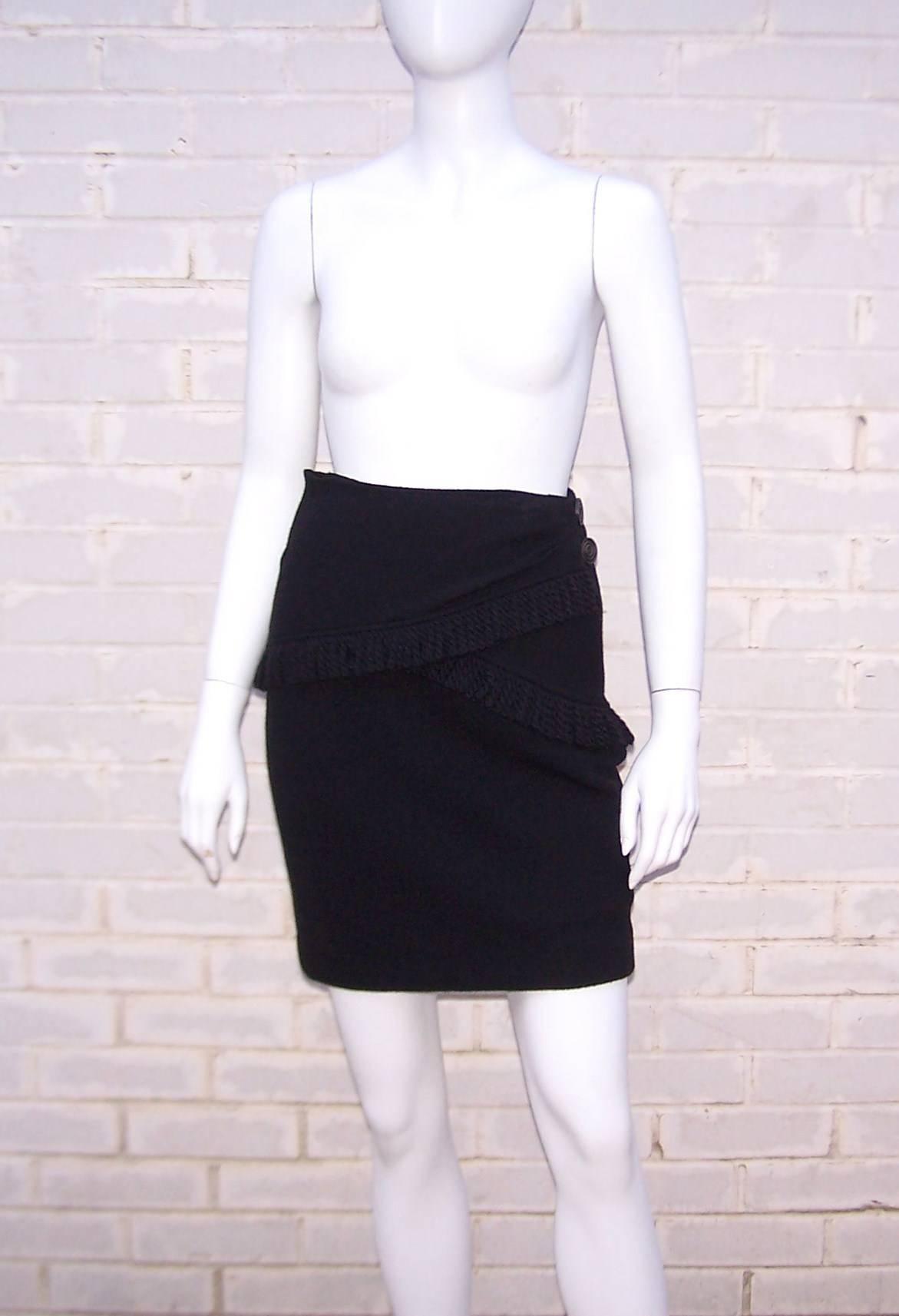 Fun With Fringe C.1990 Yves Saint Laurent Black Wool Boucle Skirt In Excellent Condition In Atlanta, GA