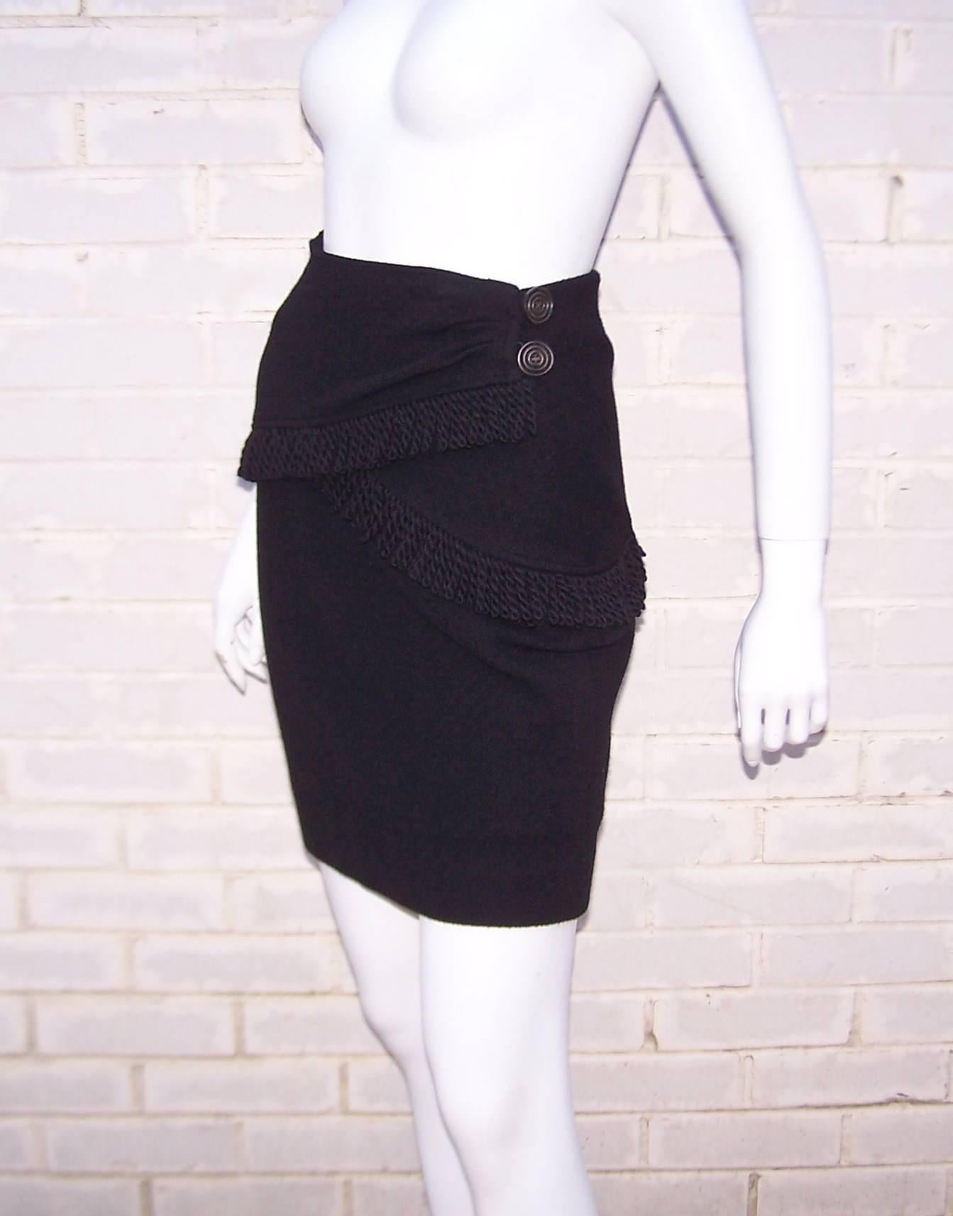 Women's Fun With Fringe C.1990 Yves Saint Laurent Black Wool Boucle Skirt