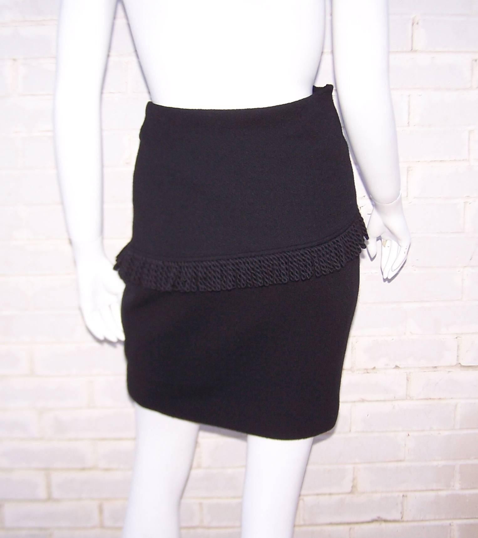 Fun With Fringe C.1990 Yves Saint Laurent Black Wool Boucle Skirt 1