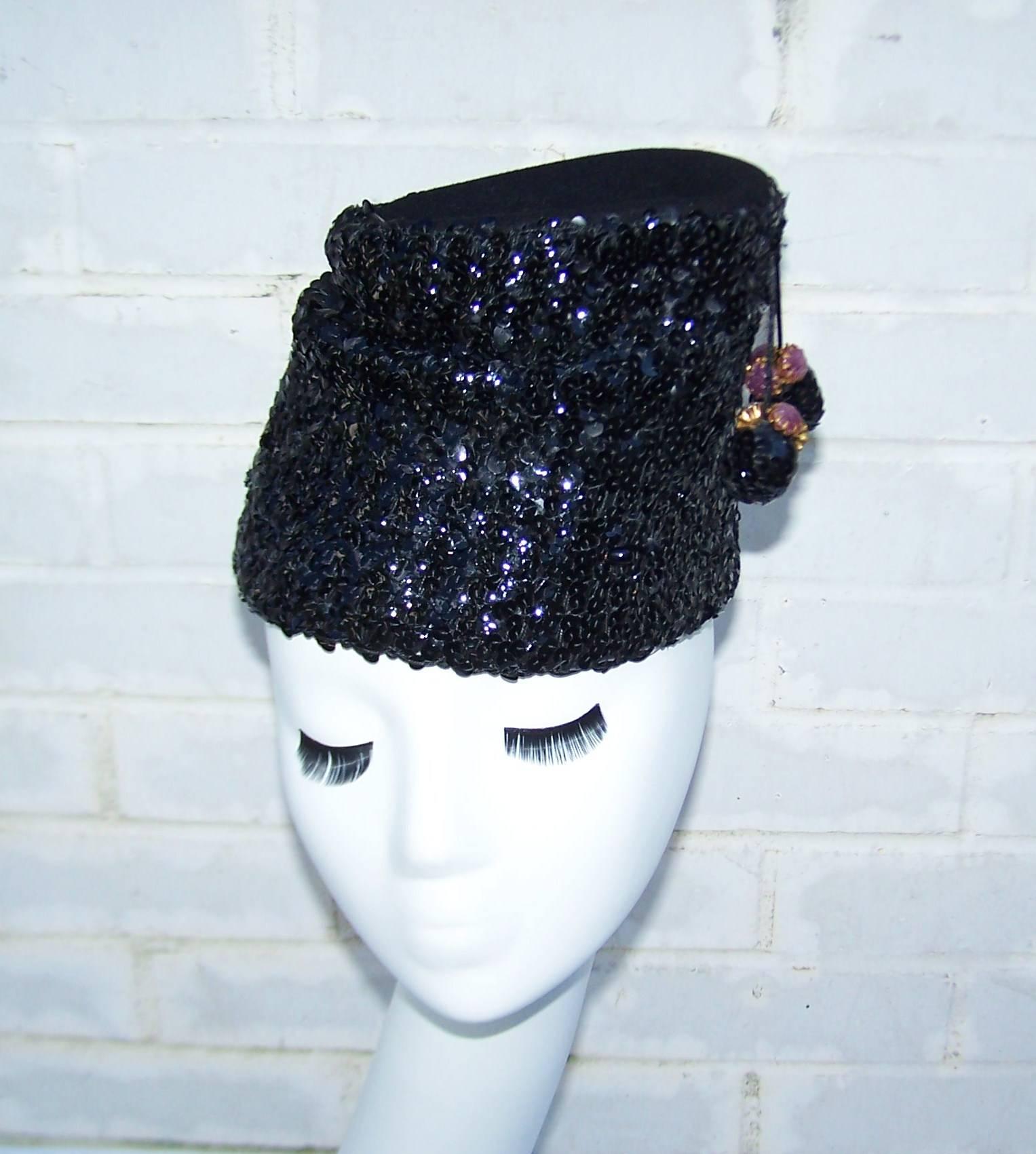 Glam 1940's Henry Pollak Black Sequin Turban Hat With Pom Poms In Excellent Condition In Atlanta, GA