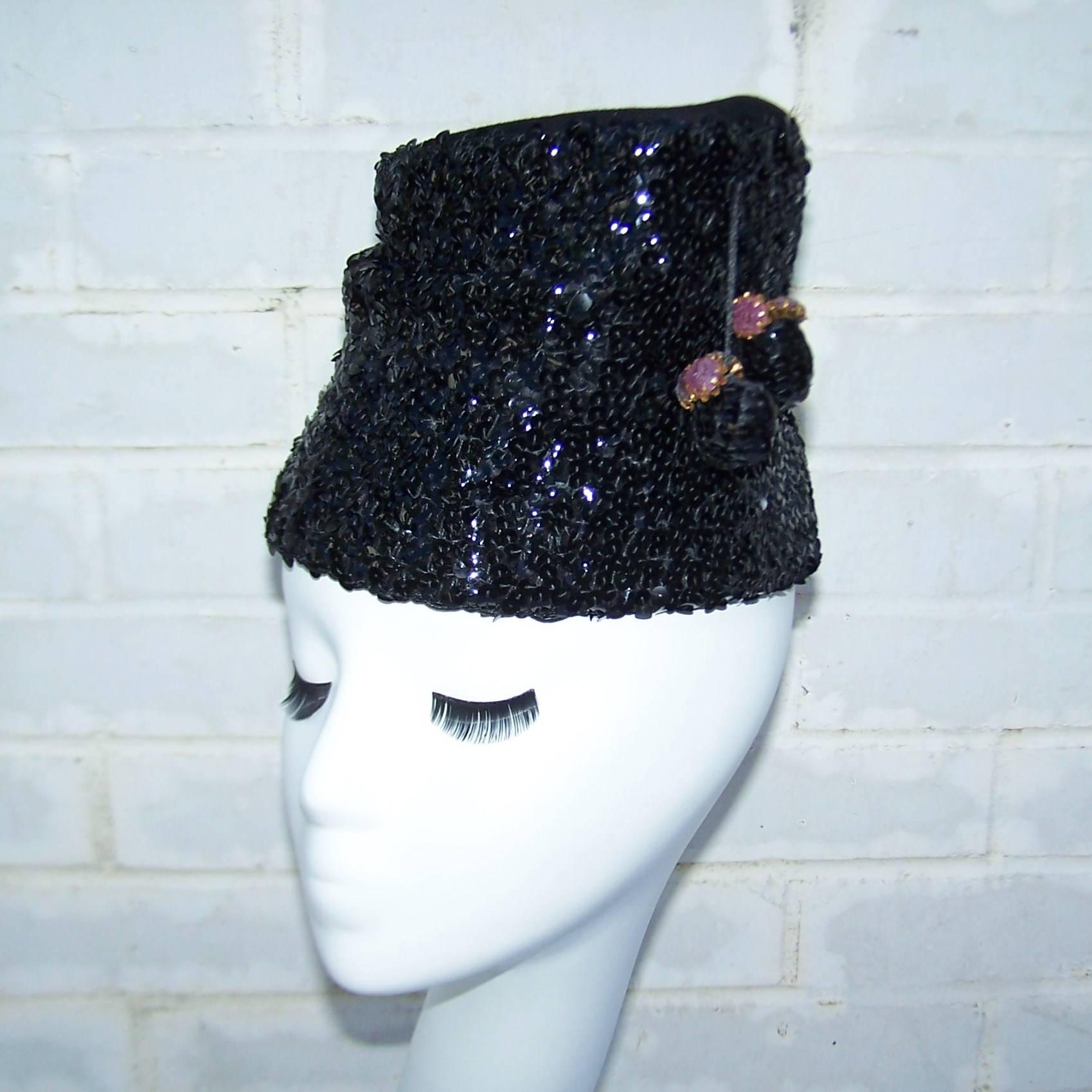 Women's Glam 1940's Henry Pollak Black Sequin Turban Hat With Pom Poms