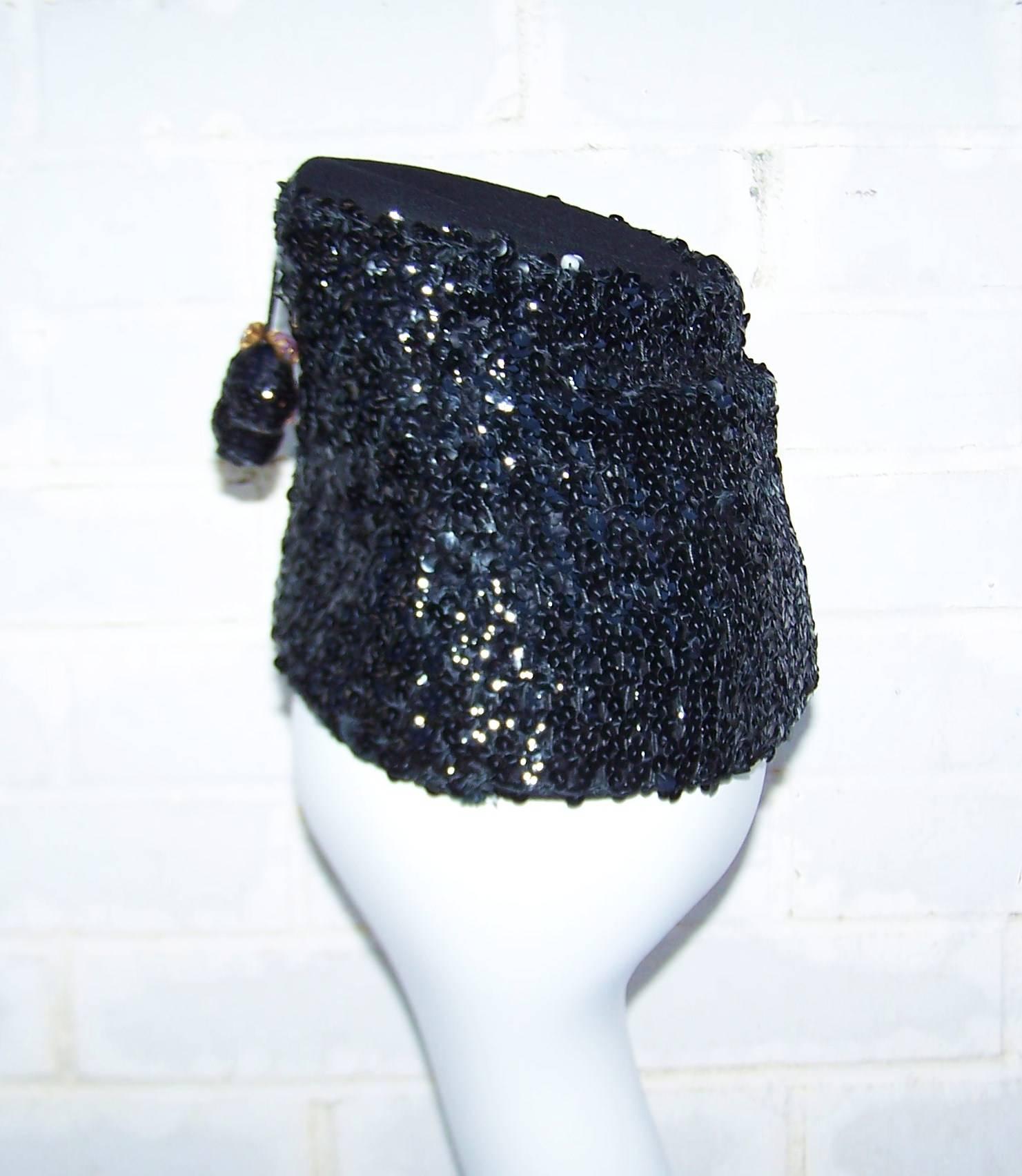 Glam 1940's Henry Pollak Black Sequin Turban Hat With Pom Poms 1