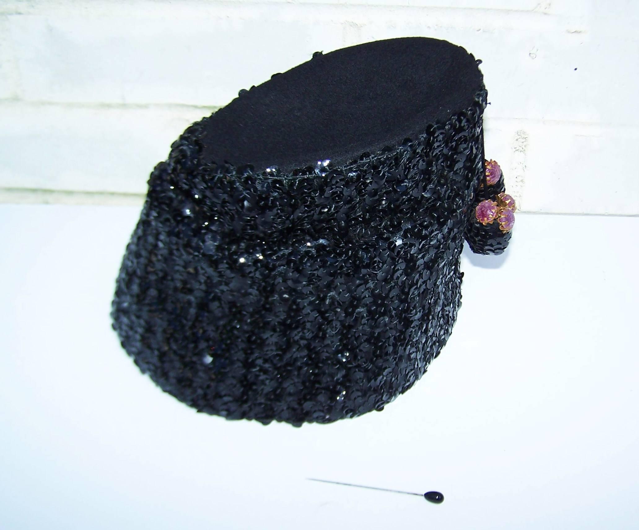 Glam 1940's Henry Pollak Black Sequin Turban Hat With Pom Poms 3