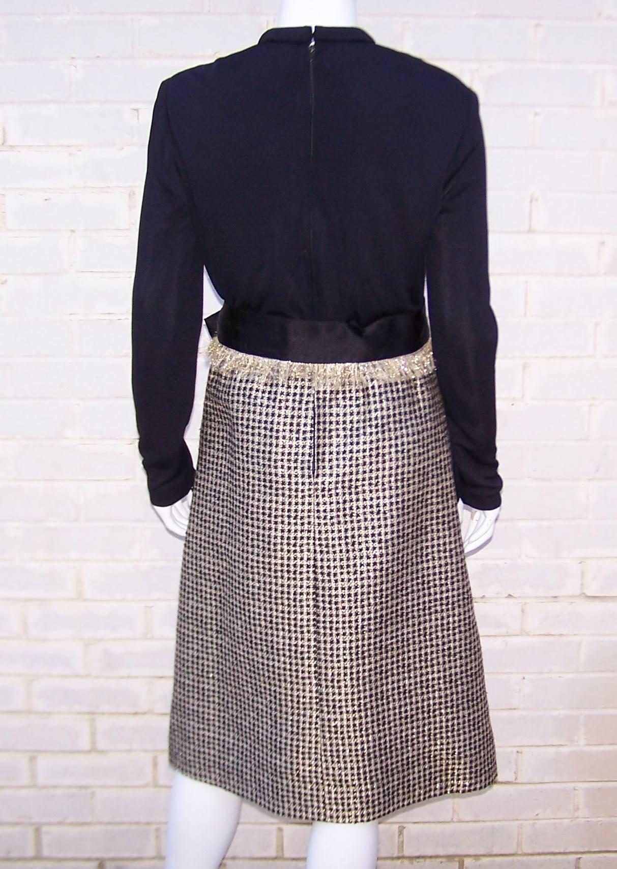 C.1970 Chester Weinberg Glam Gold Houndstooth & Black Jersey Dress 1